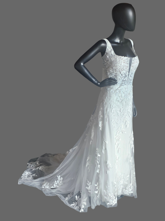 Floral Lace Fit/Flare Scoop Neck Plunge  Wedding Gown - Rebecca Ingram