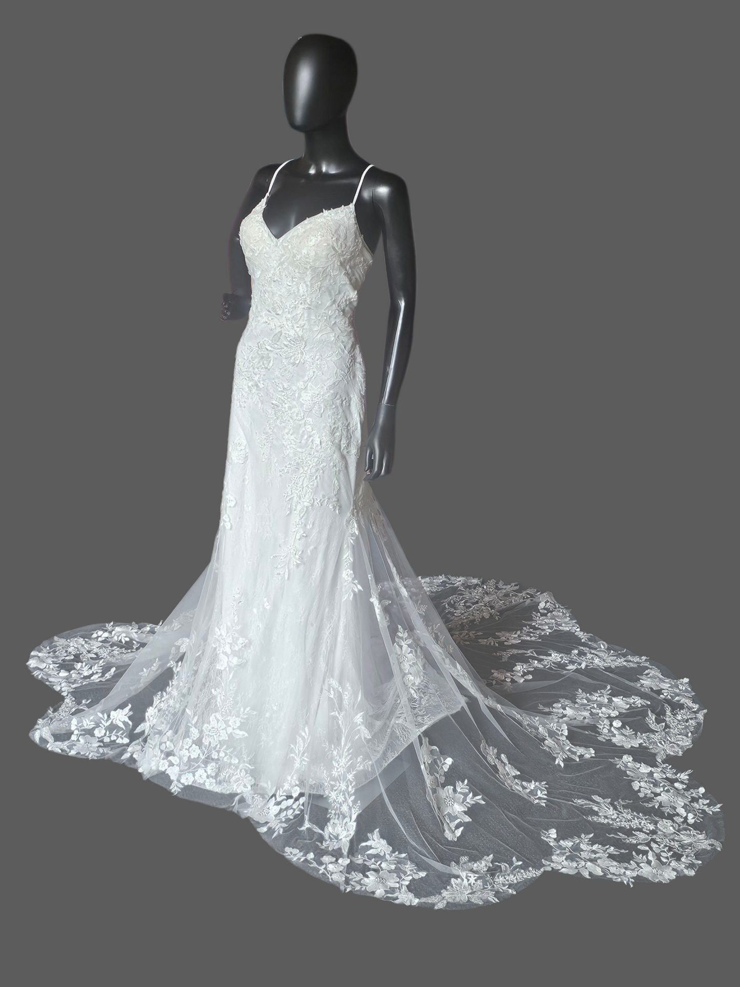 Ivory Fitted Spaghetti Strap Plunge Scallop Train Wedding Gown - Stella Couture