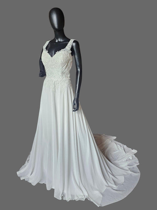 Chiffon A-Line Lace V-Neck Illusion Back Wedding Gown - Davinci