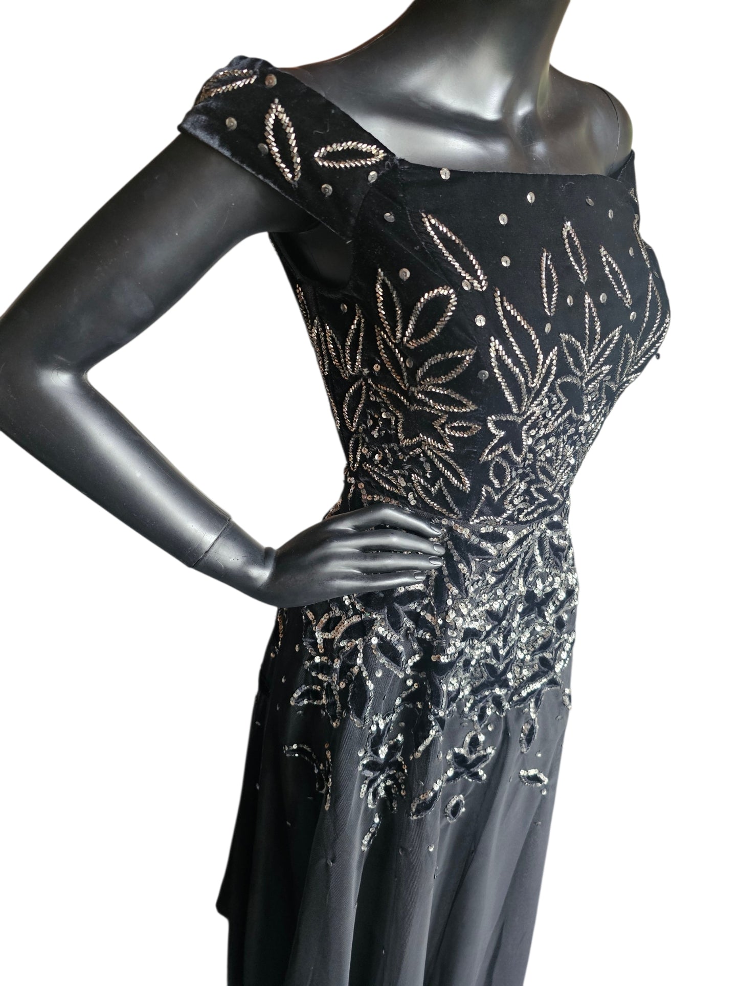 Black Velvet Off Shoulder Leaf Patter Sequin Fit/Flare Full Length Formal Gown - Adrianna Papell