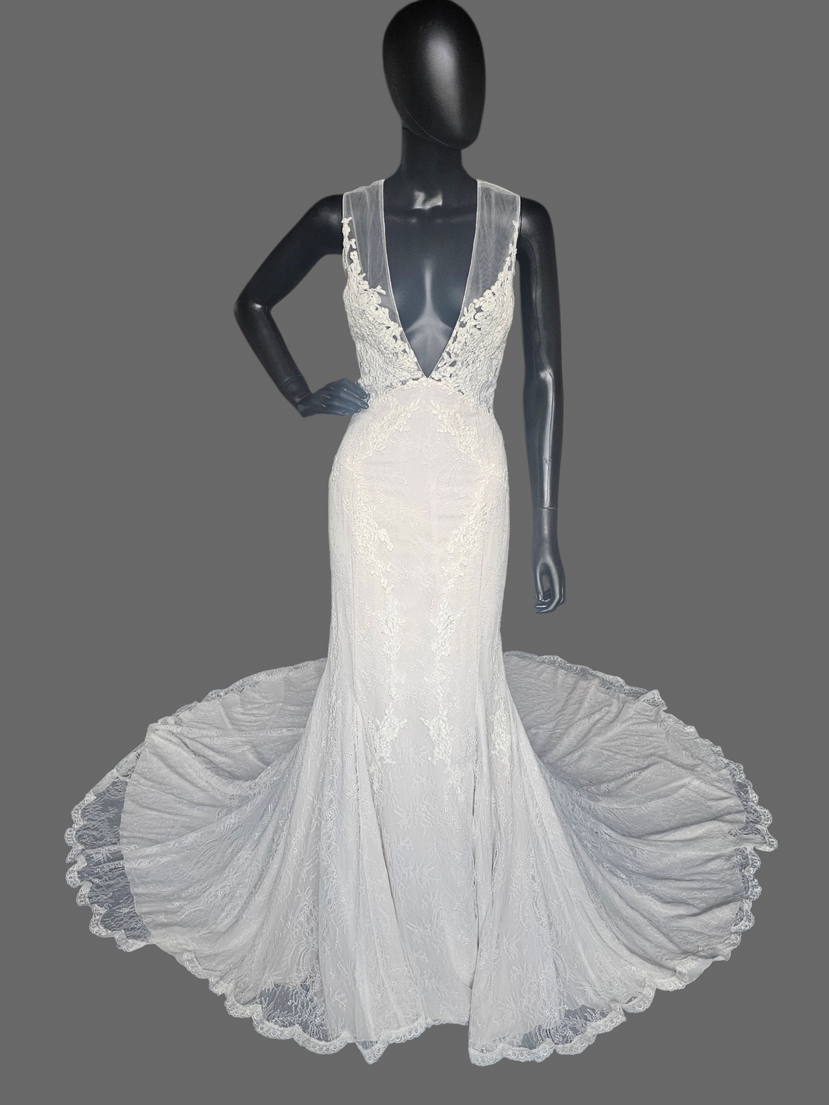 Ivory Illusion Plunge Thick Strap Floral Lace Fit/Flare Wedding Gown - Alyne