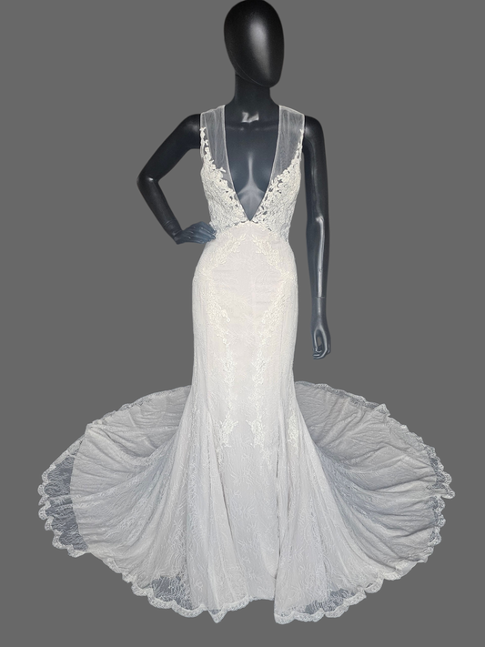 Ivory Illusion Plunge Thick Strap Floral Lace Fit/Flare Wedding Gown - Alyne