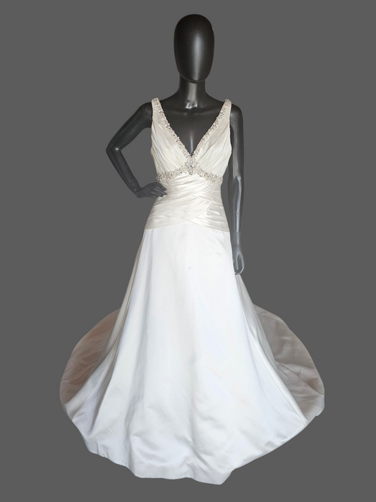 Ivory Satin V-Neck Jewel Detail A-Line Wedding Gown - Mori Lee