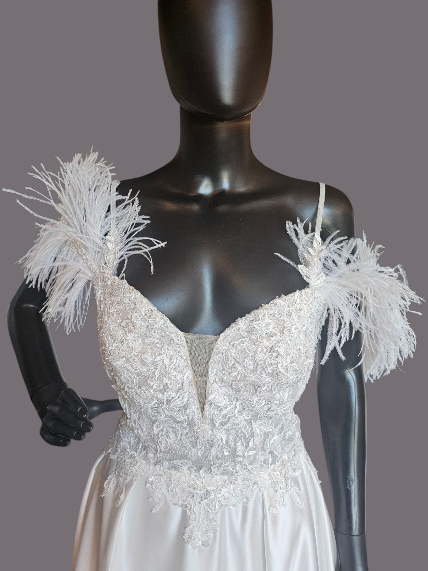 Ivory Satin Plunge Illusion Bodice Removable Feather Straps Wedding Gown - Amy & Eve