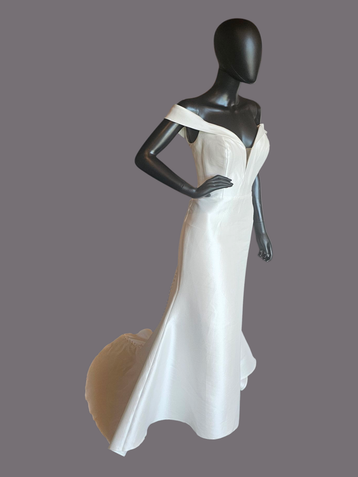 Ivory Satin Twill Fit-Flare Off Shoulder Wedding Gown - Allure Bridals