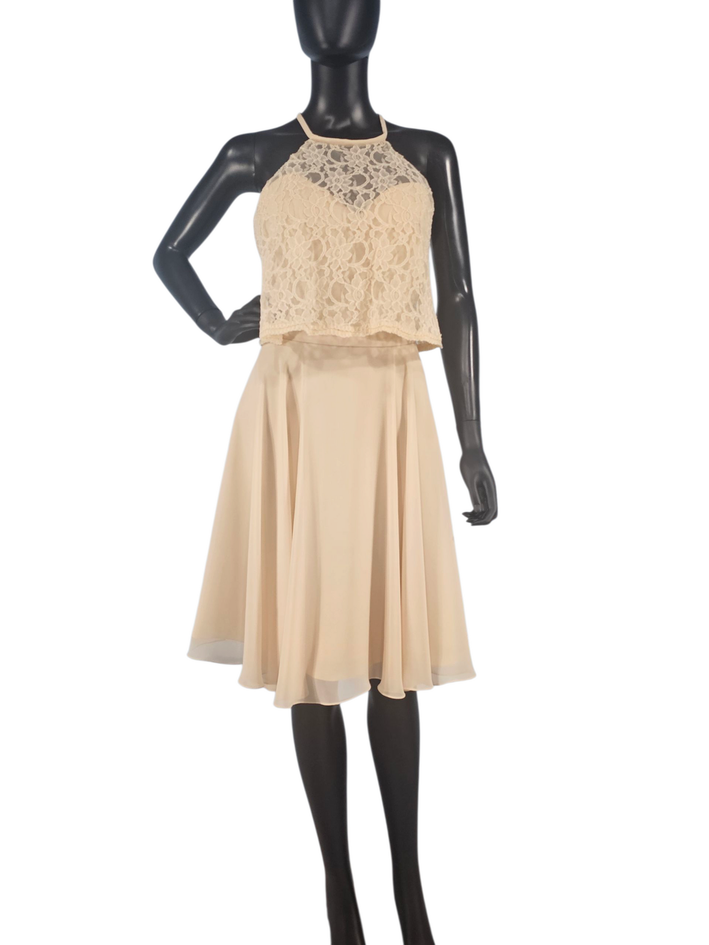 Champagne Lace/Chiffon Halter Flutter Cocktail/Party Dress - Mori Lee