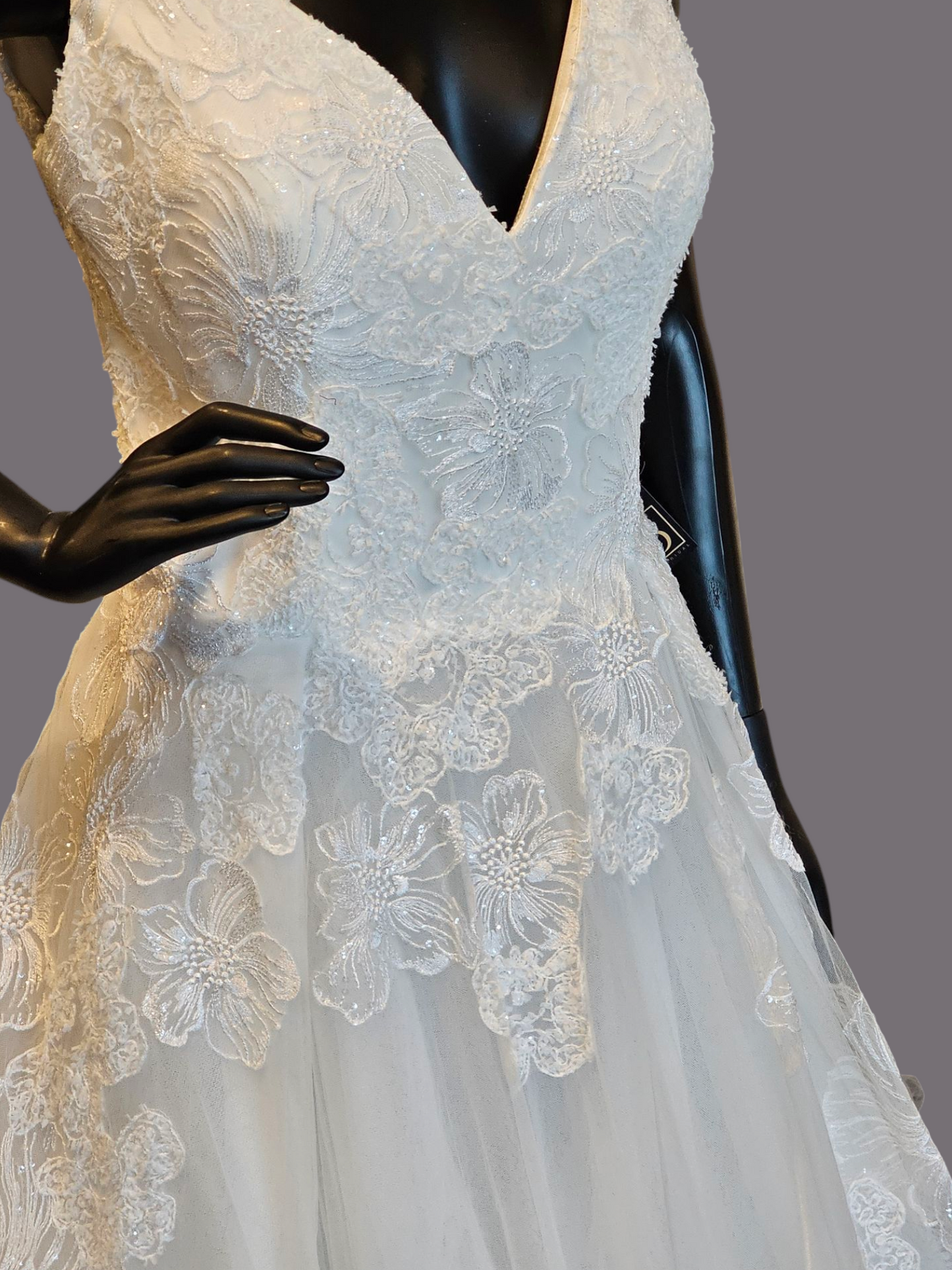 Ivory V-Neck Full Skirt Large Scale Floral Embellished Wedding Gown - Adrianna Papell