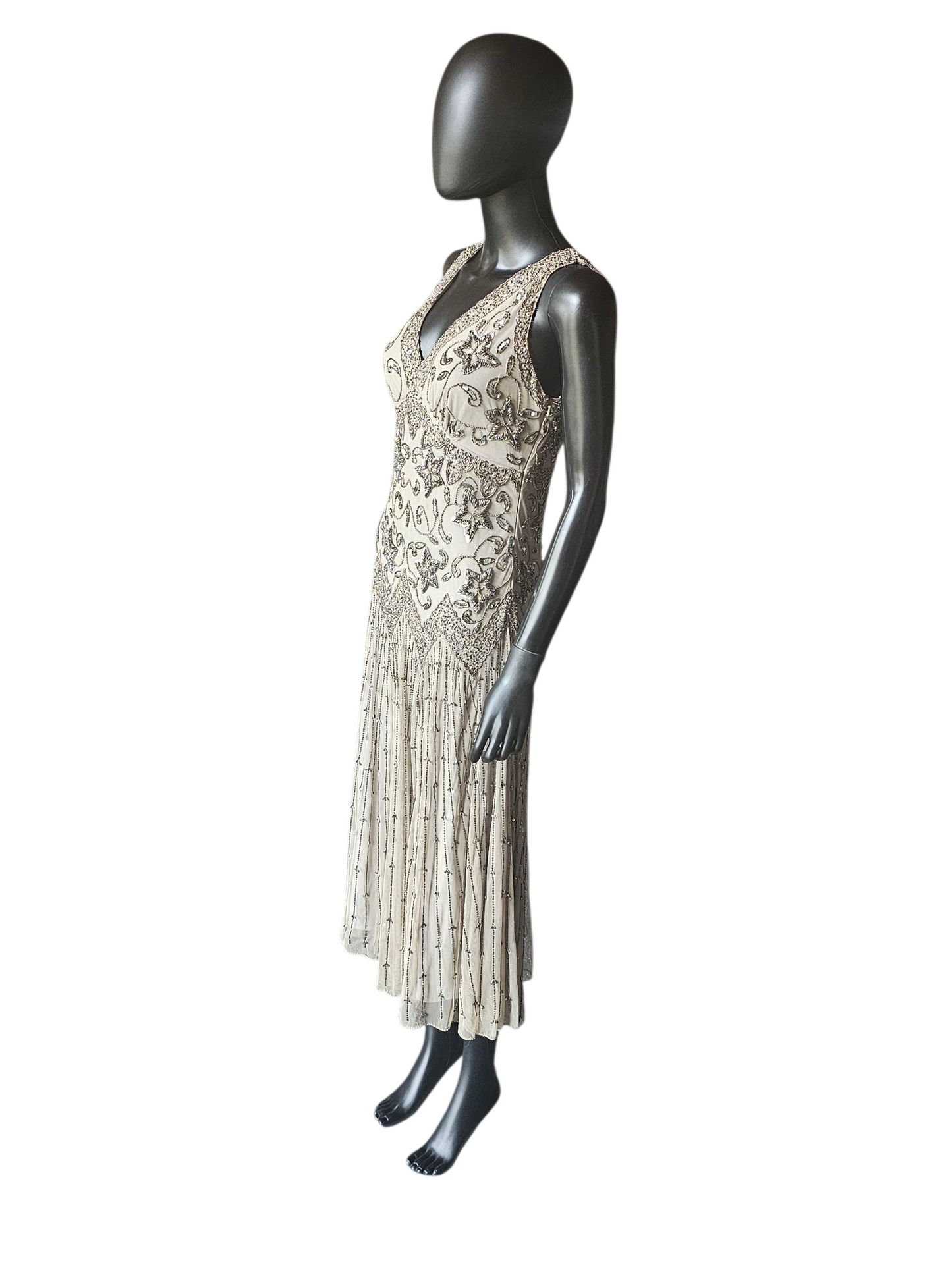 Sage Green/Metallic Beaded Drop Waist Party Dress - Pissaro Nights