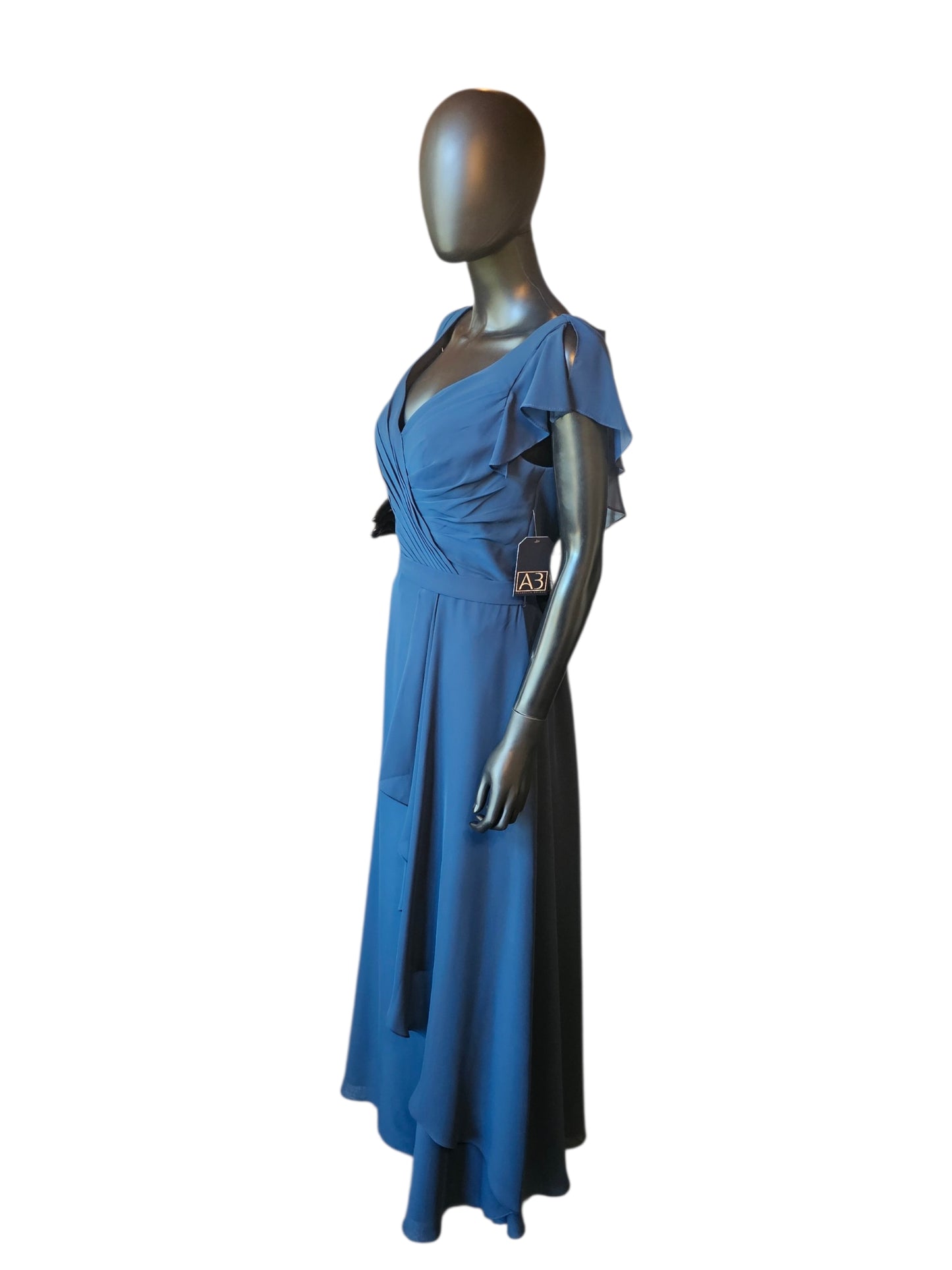 Navy Chiffon Flutter Sleeve Added Belt Side Ruched Maxi Formal/Moms Dress - DaVinci