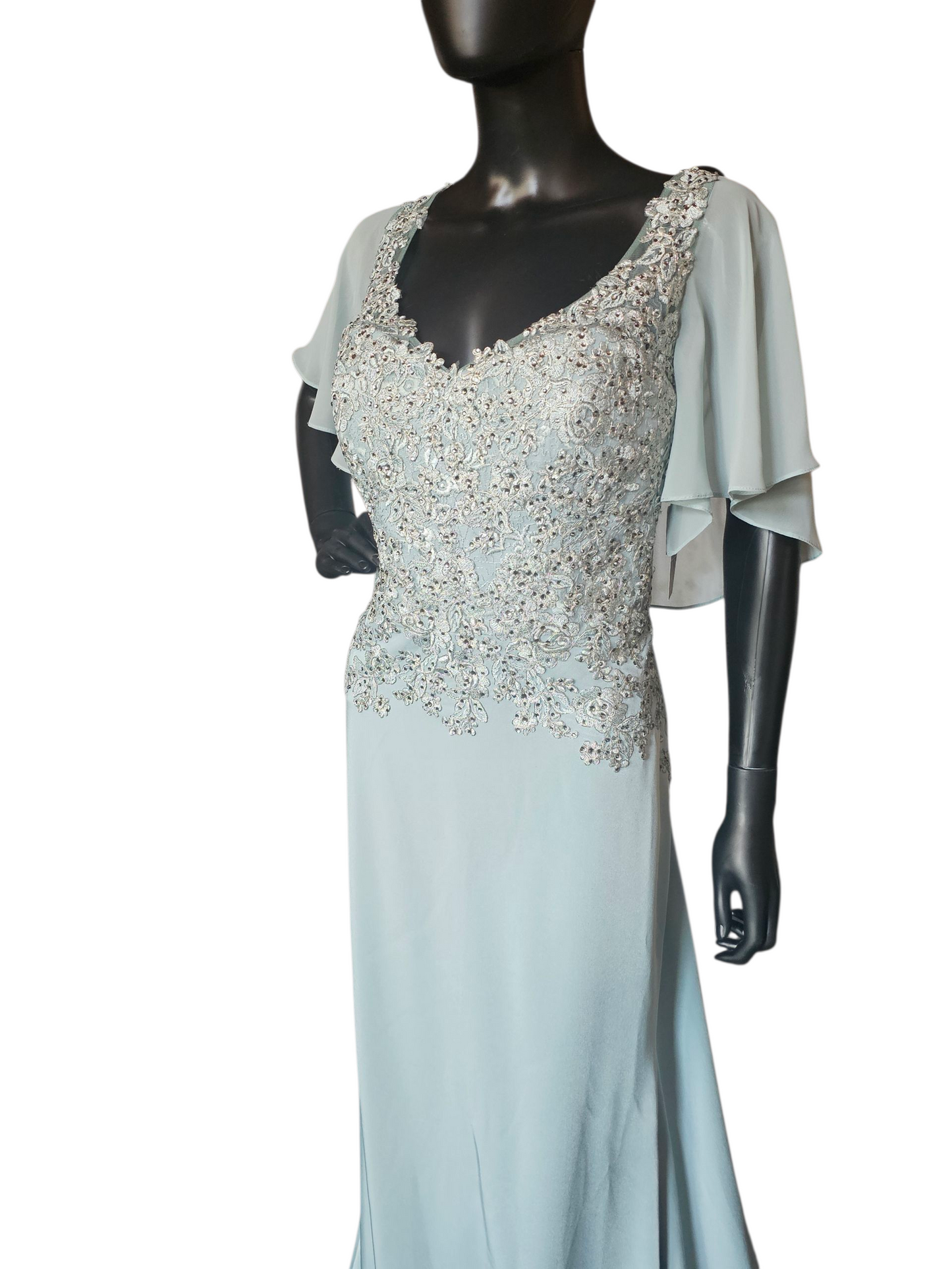 Deep Aqua/Silver Embroidered Chiffon Flutter Sleeve Formal Dress - Madeline Gardner