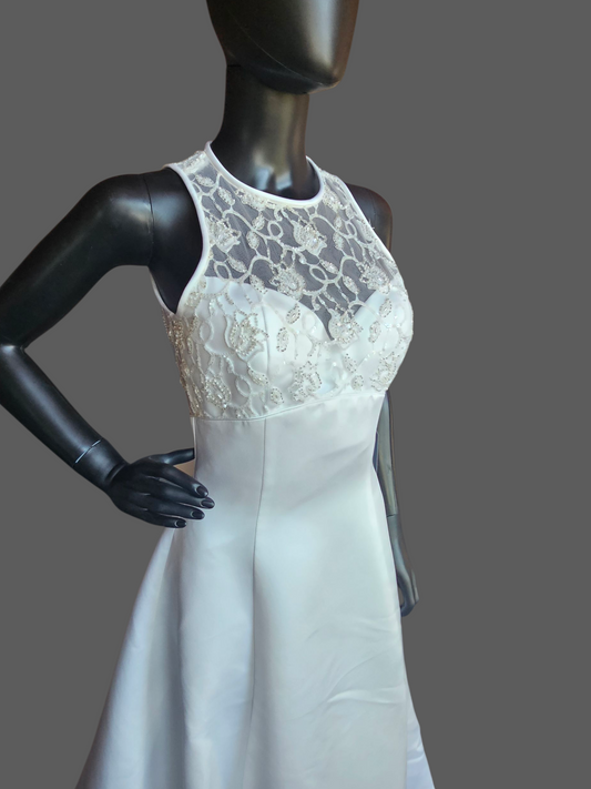 Vintage Halter Illusion Tulip Beaded Hem White Satin Wedding Dress - Venus