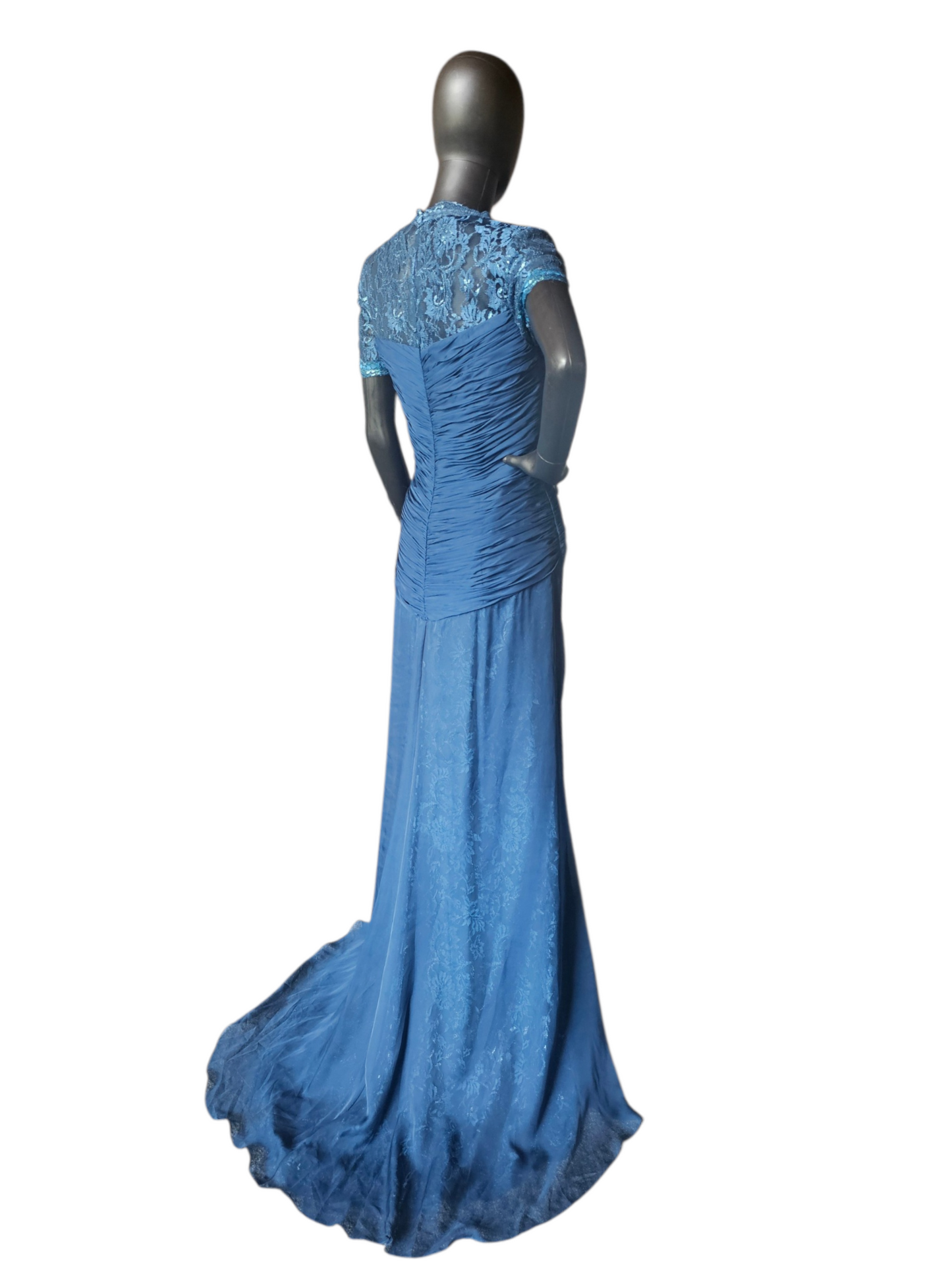 Navy Moms Dress Lace Cap Sleeve Lace Train Beaded Applica Sweetheart Neck  - Feriani Couture