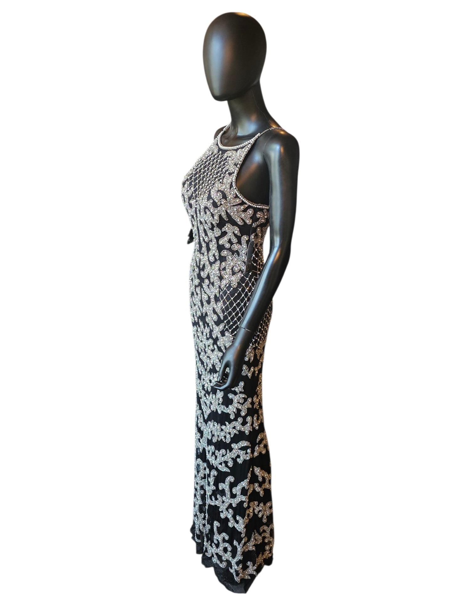 Black/Silver/Pearl Halter Fitted Beaded Spaghetti Straps Formal/Prom/Gala Dress - Abby Paris