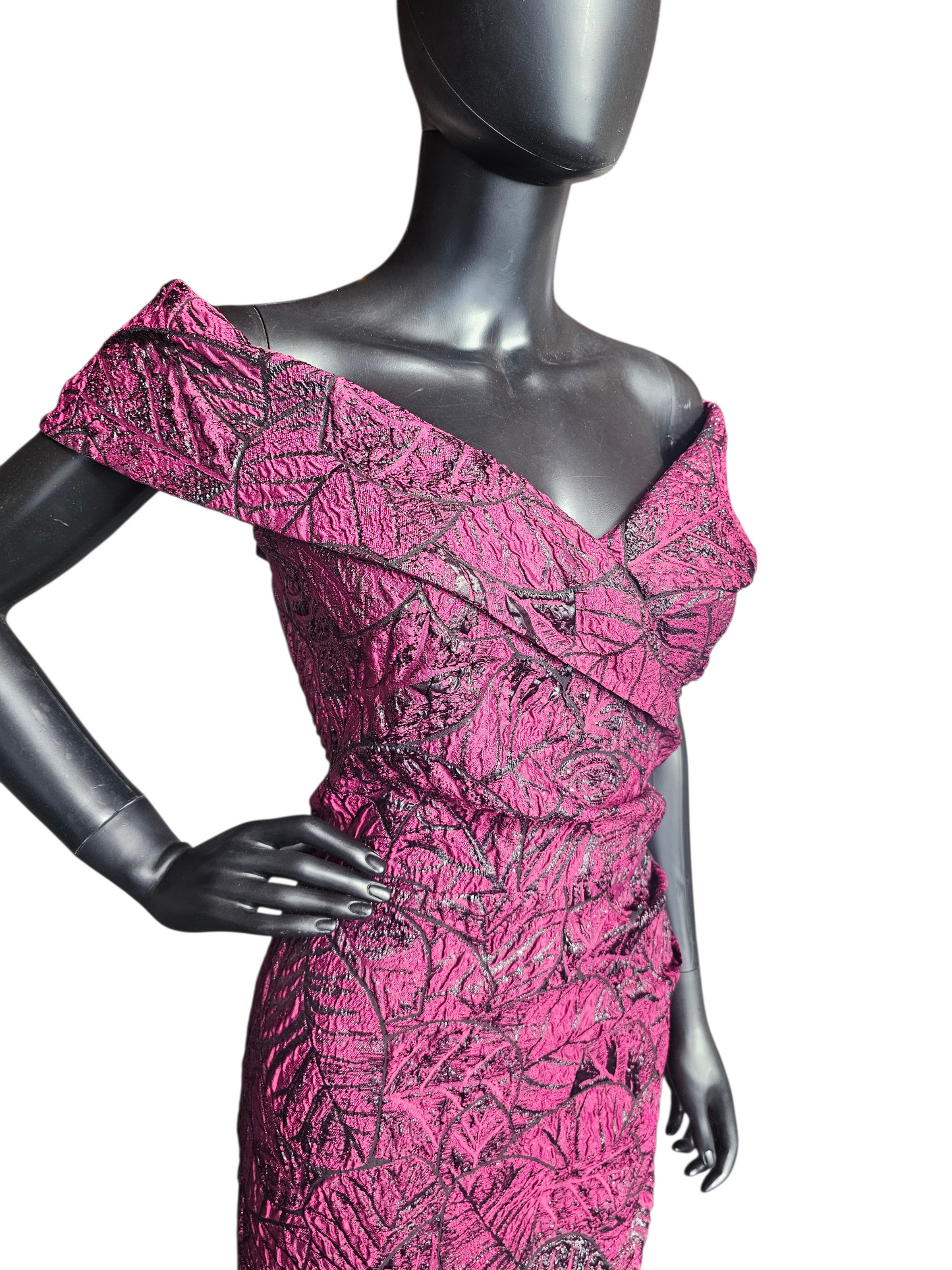 Red/Black Leaf Pattern Jacquard Off Shoulder Formal Dress - Teri Jon