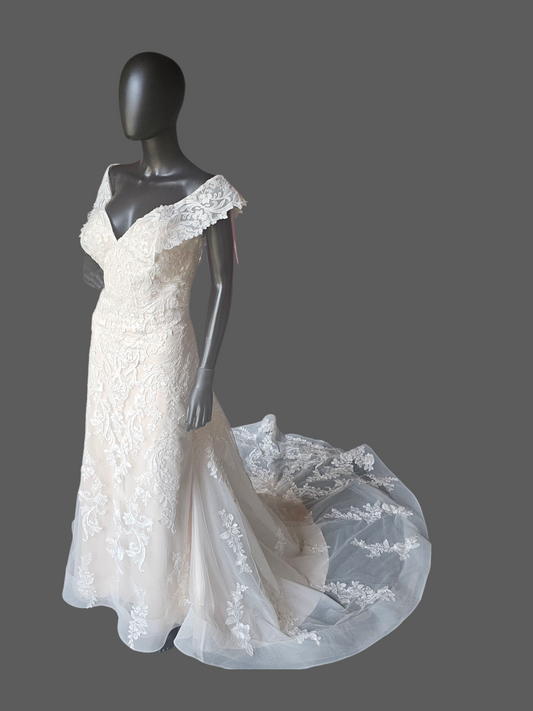 Ivory/Champagne Lace Off Shoulder/Portrait Collar Wedding Gown - Mori Lee