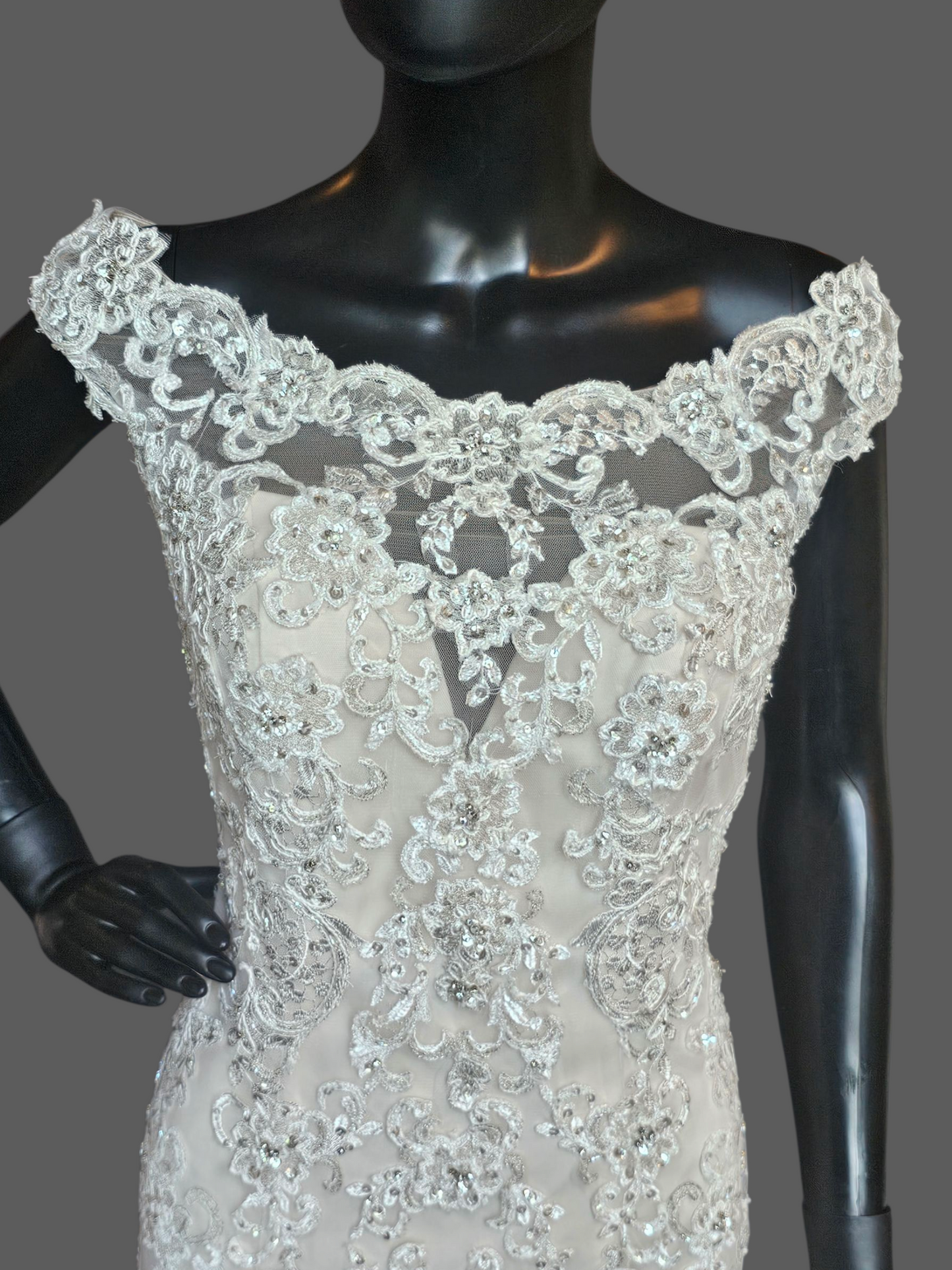 Ivory/Champagne Off Shoulder Fit and Flare Sparkle Illusion Wedding Gown