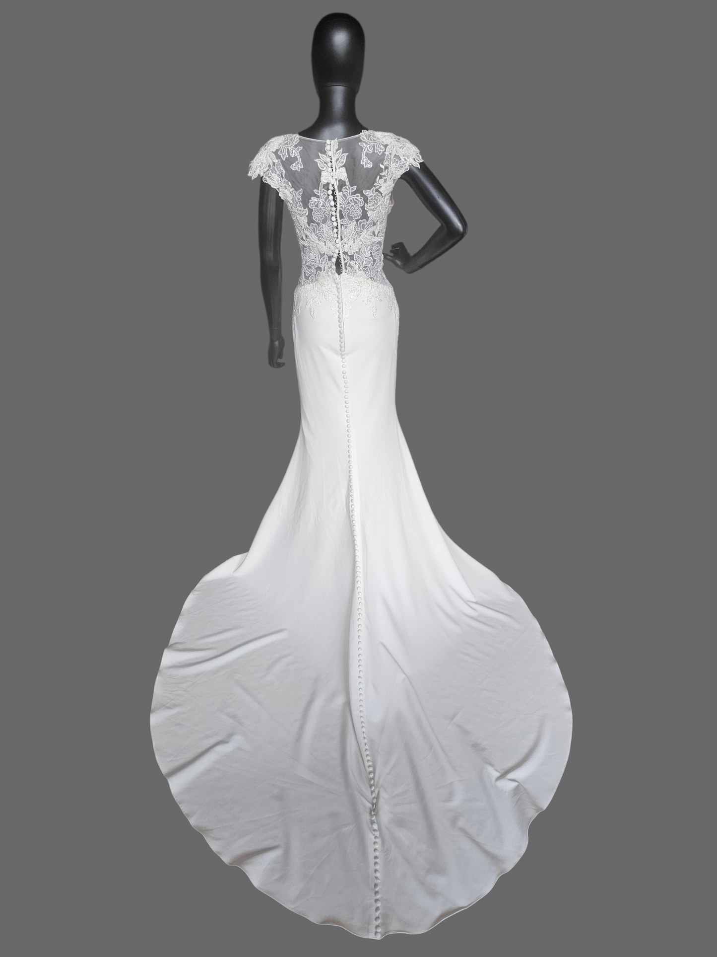 Ivory Crepe Illusion Bodice Cap Sleeve Fit/Flare Wedding Gown - Rebecca Ingram