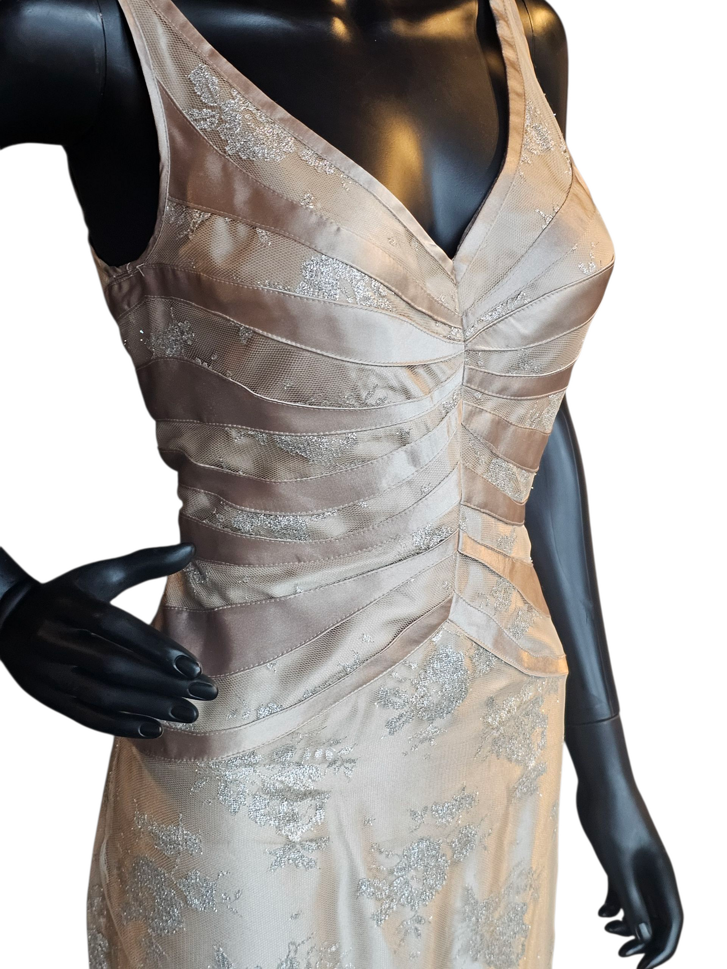 Gold Satin/Silver Lace V-Neck Tiered Fit/Flare Formal Gown - JS Collections