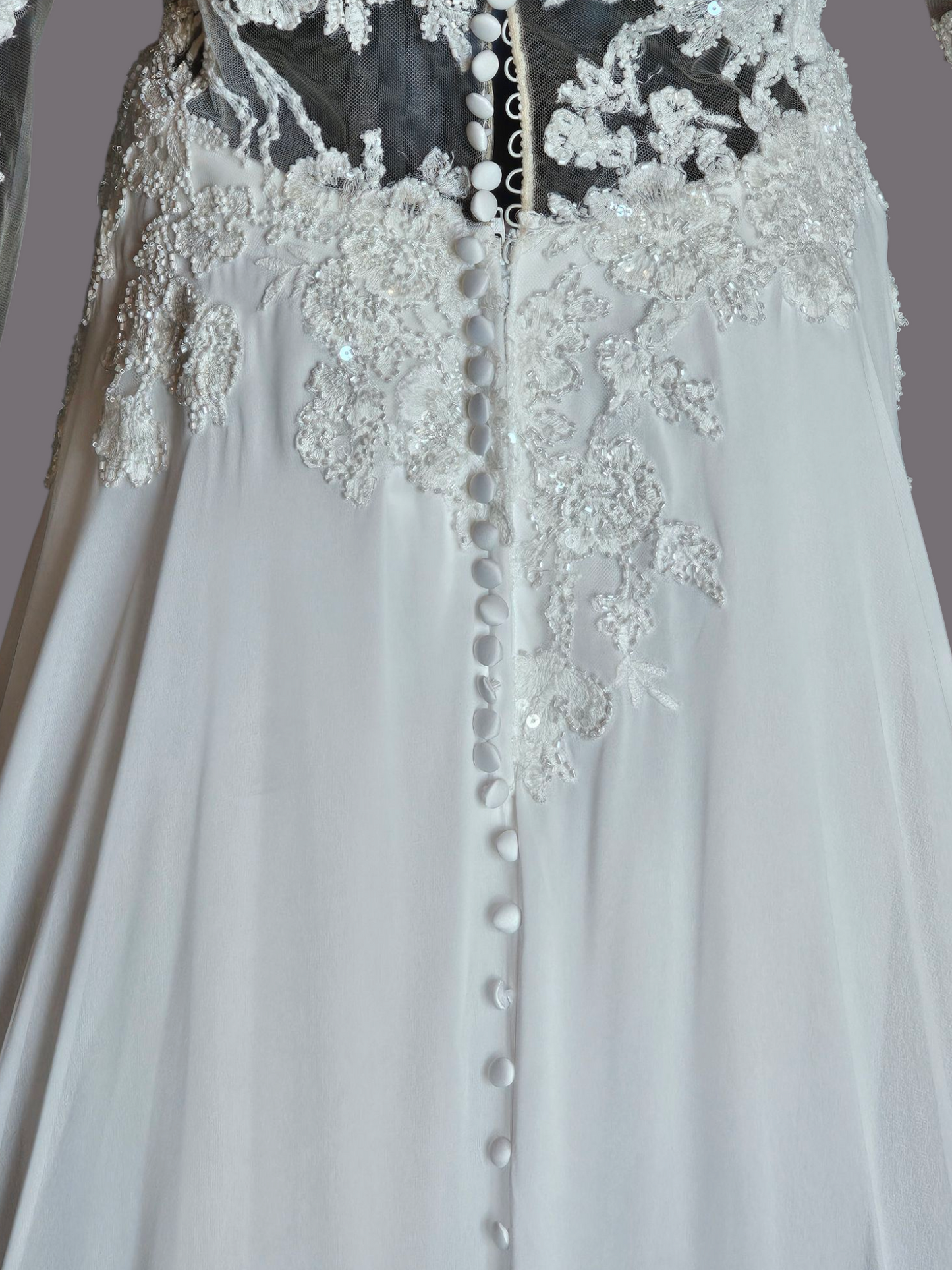 Ivory/Nude Deep Plunge Long Sleeve Chiffon Wedding Gown - Allure Romance