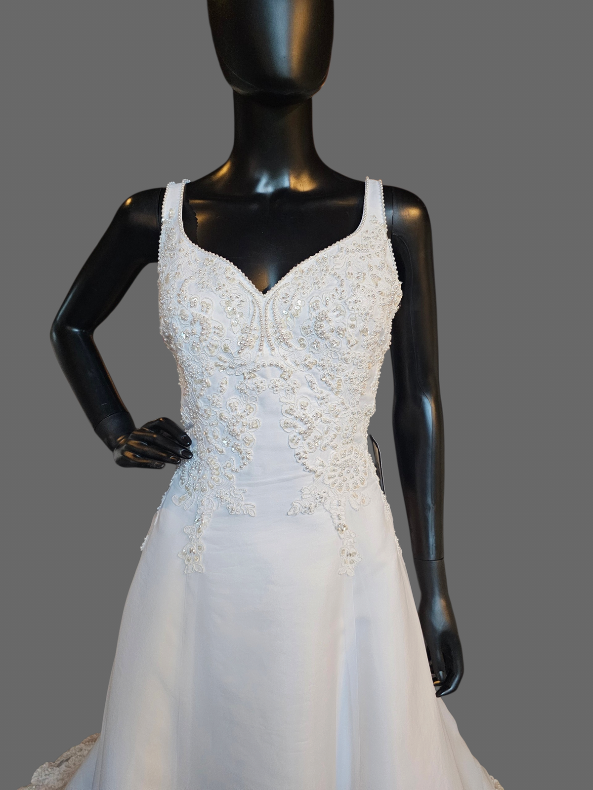 V-Neck Lace Applique Organza Wedding Gown - Oleg Cassini