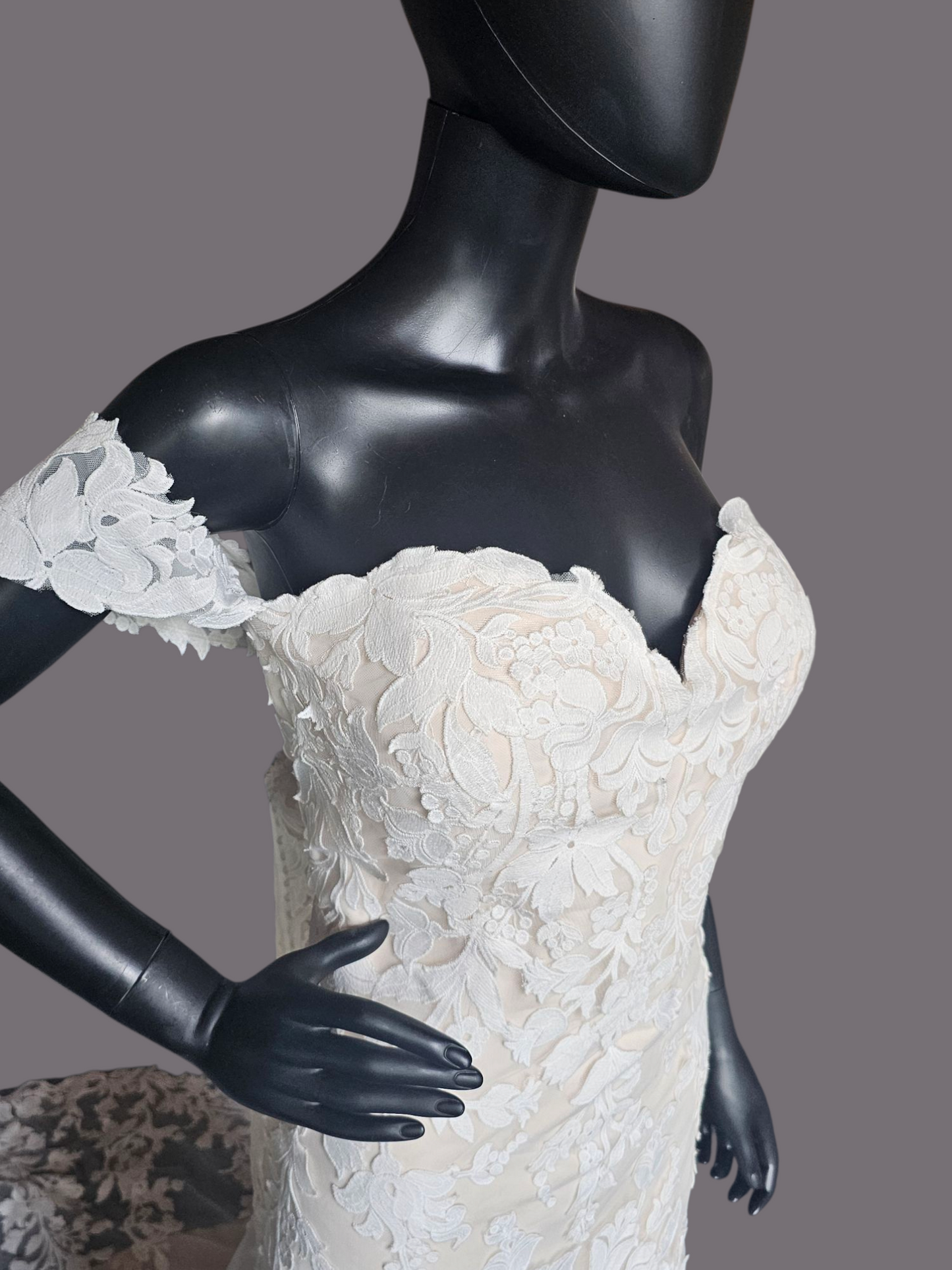 Ivory/Champ Floral Lace Off Shoulder Wedding Gown - Madeline Gardner