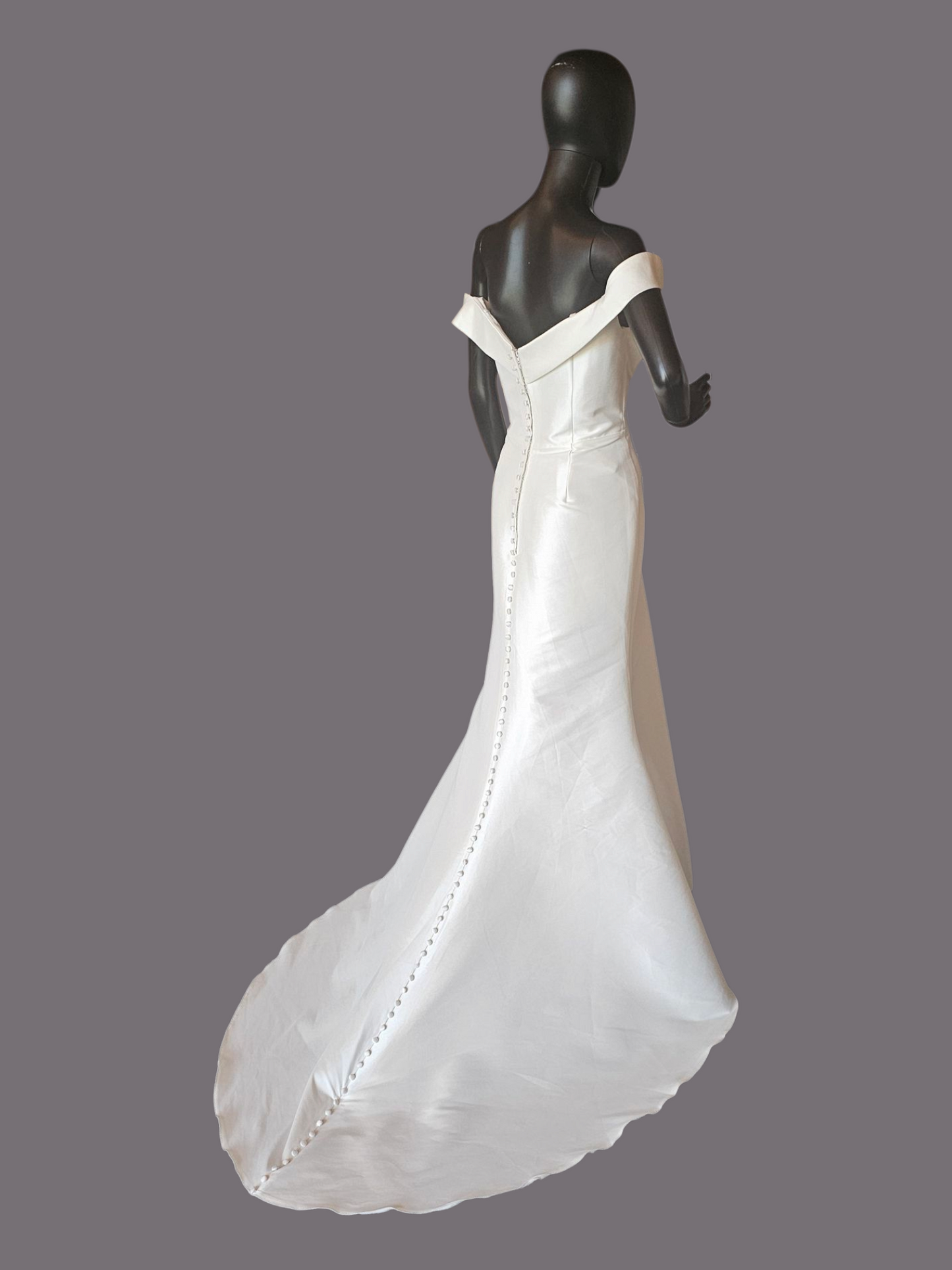 Ivory Satin Twill Fit-Flare Off Shoulder Wedding Gown - Allure Bridals