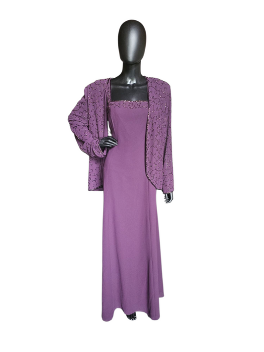 Aubergine Chiffon Beaded Maxi Formal Dress W/Jacket - Cameron Blake