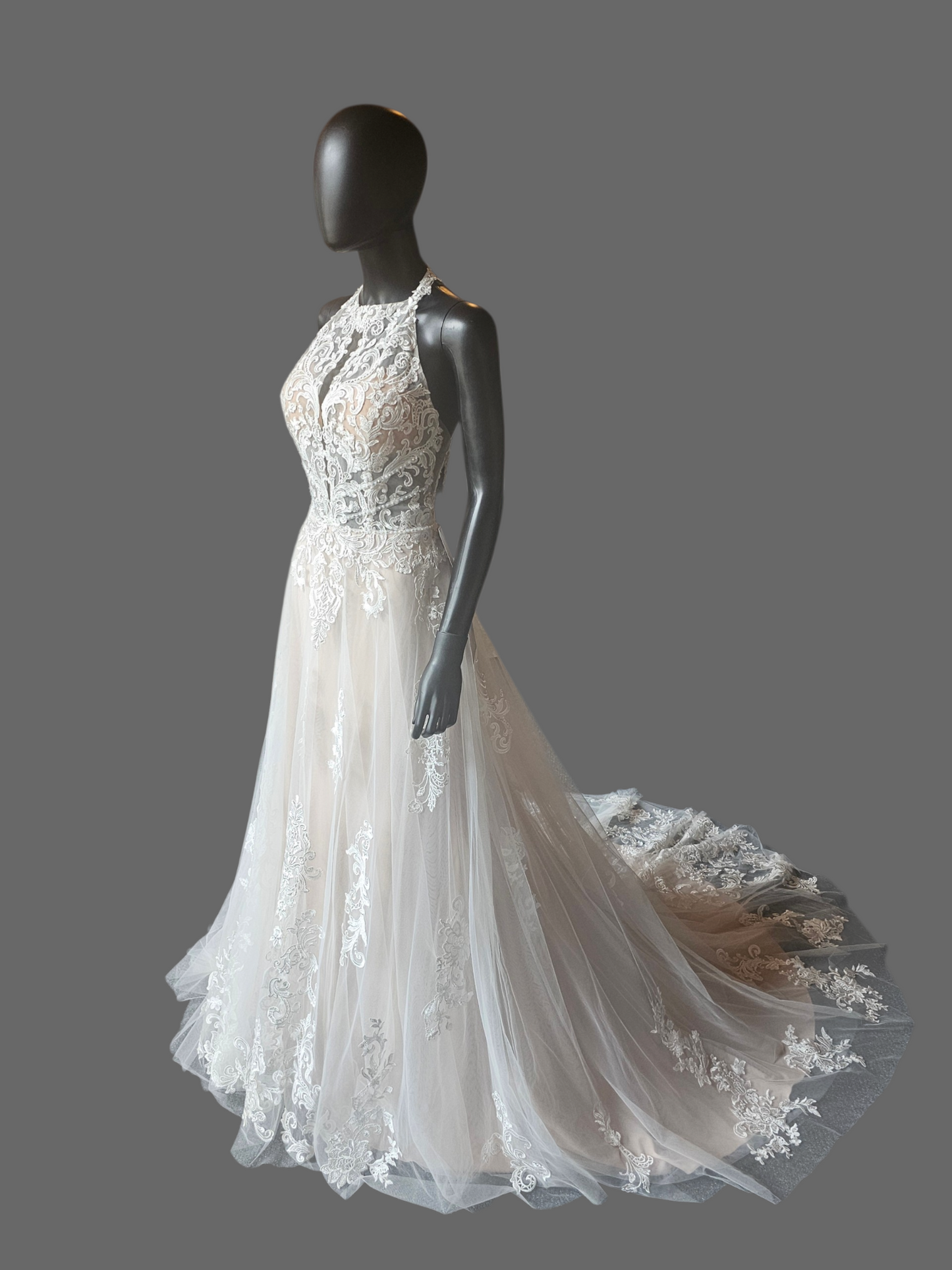 Lace Halter A-Line Open Back Wedding Gown - Mori Lee