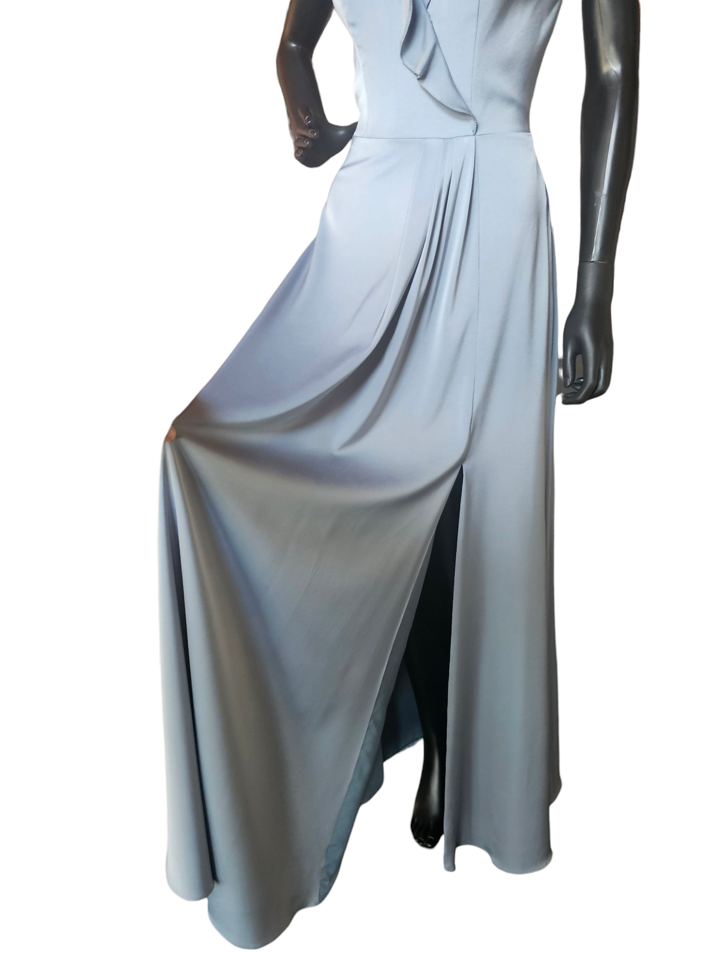 Dusty Blue Soft Satin Flutter Sleeve Full Length Formal Dress - Da Vinci