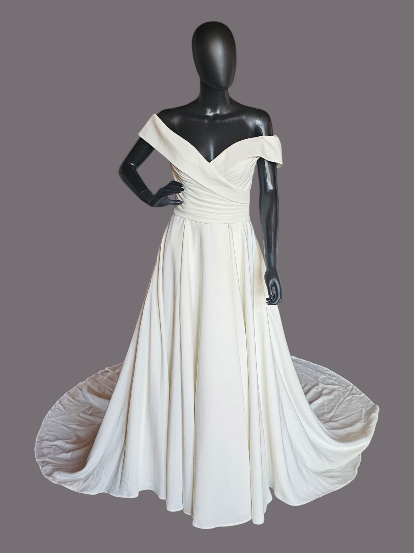 Off Shoulder/Portrait Collar Simple Ivory Crepe Wedding Gown - Mori Lee