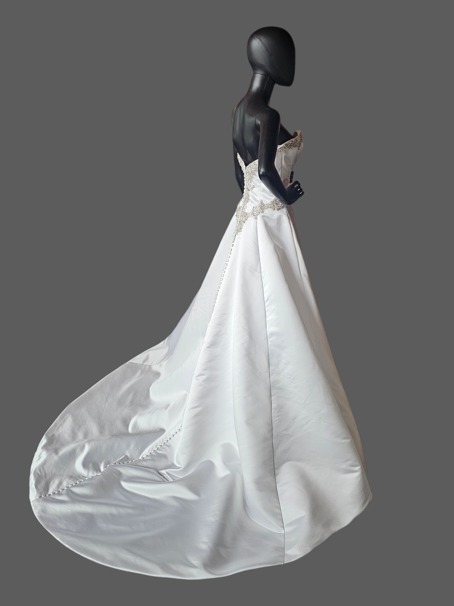 White Satin Basque Waist Strapless Sweetheart Wedding Gown - Mori Lee