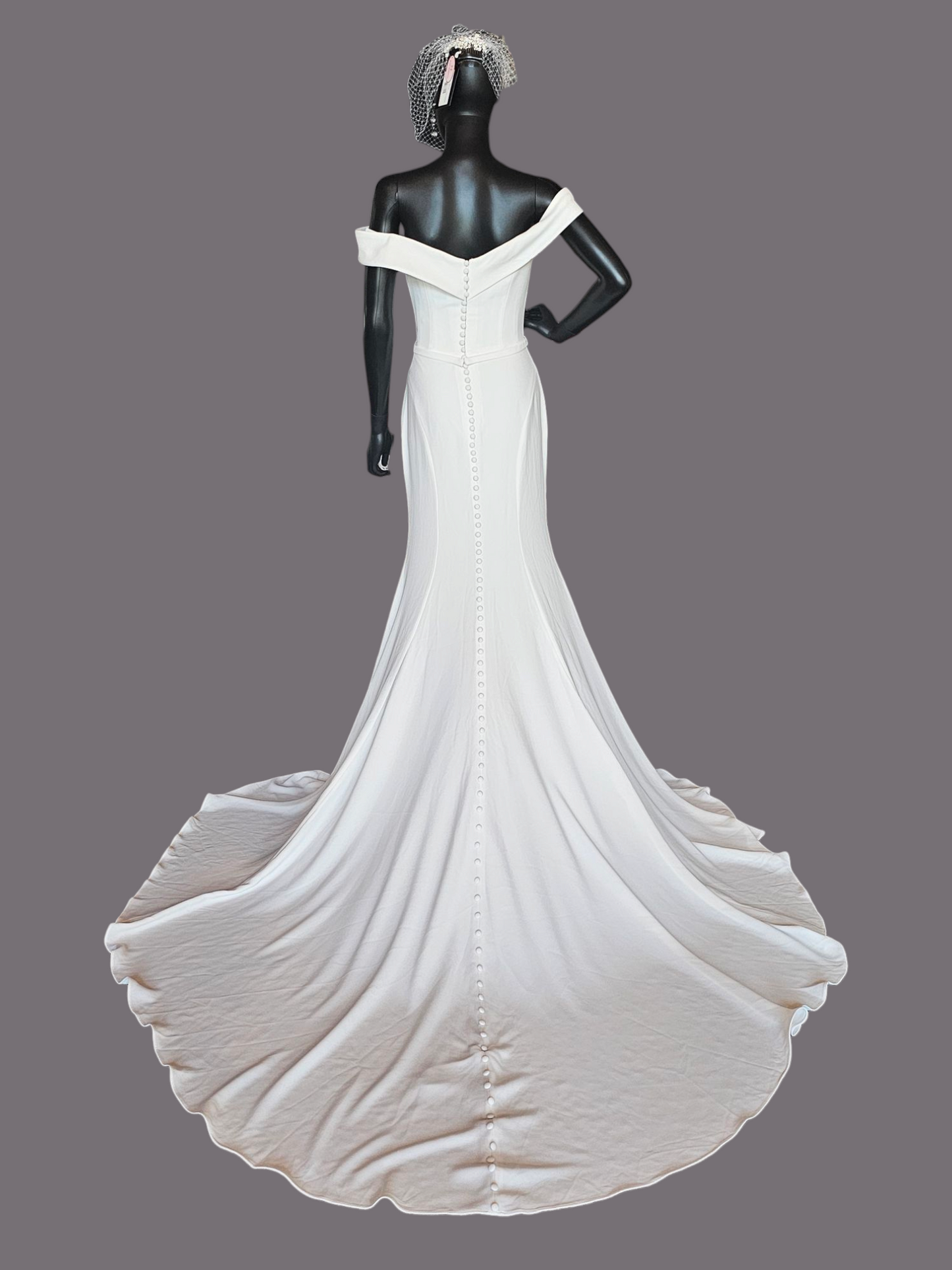Ivory Off Shoulder Fitted Crepe Wedding Gown