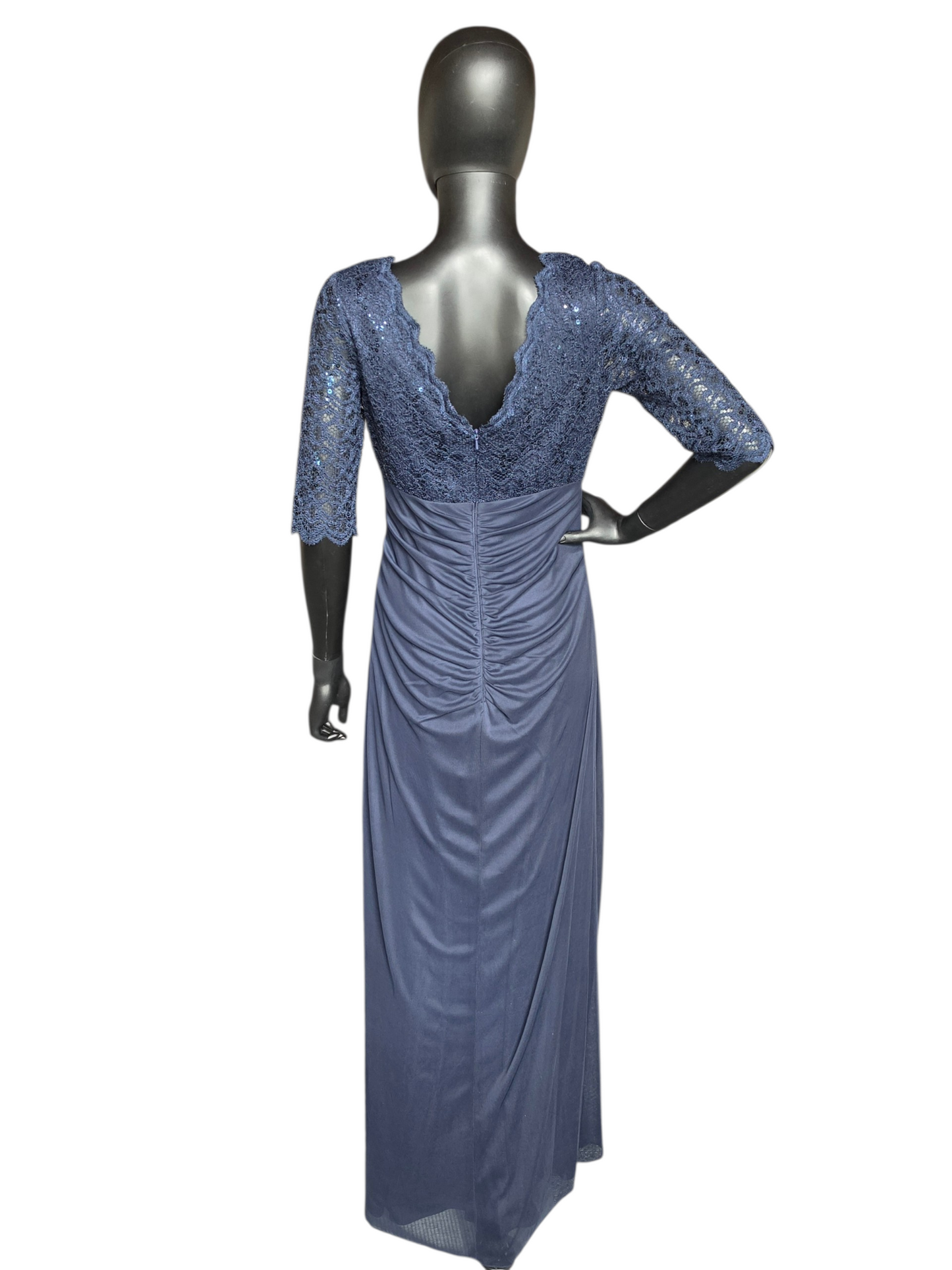 Navy Lace 3/4 Sleeve Crepe Fit/Flare Side Roush V-Neck Formal/ Moms Dress- Betsy + Adam