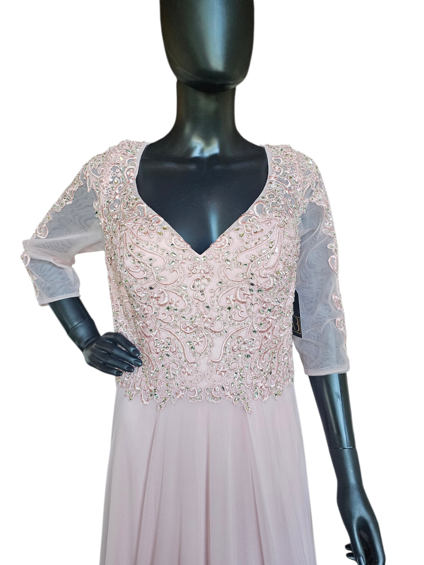 Rose  A-Line Long Sleeve Rhinestone Lace Chiffon Illusion Back Moms Dress  - MGNY