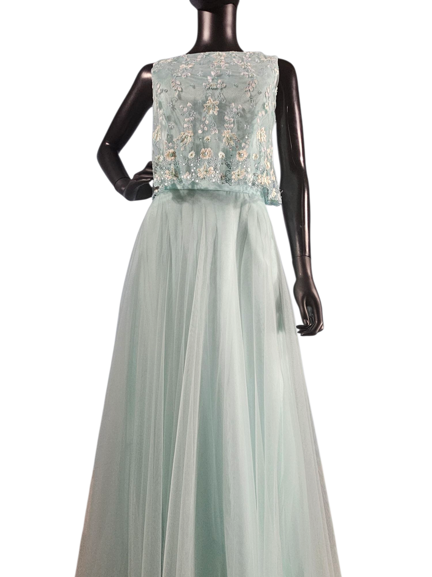 Mint Lace Bodice Full Length Formal A-Line Dress - Mori Lee