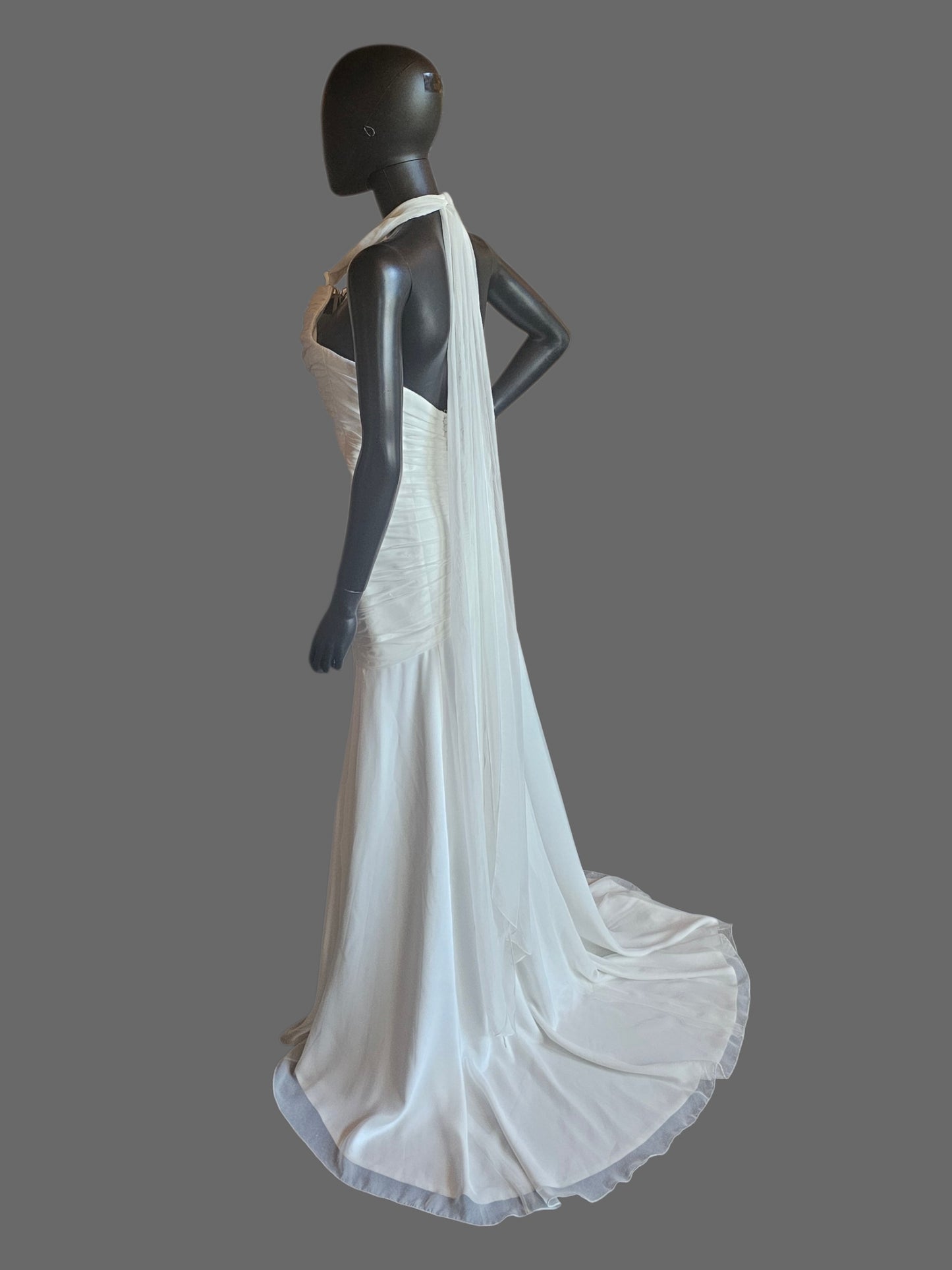 Chiffon Halter Asymmetrical Fit/Flare Beaded Applique - Private Label