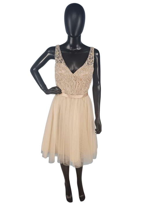 Champagne V-Neck Embroidered Formal Dress - Mori Lee