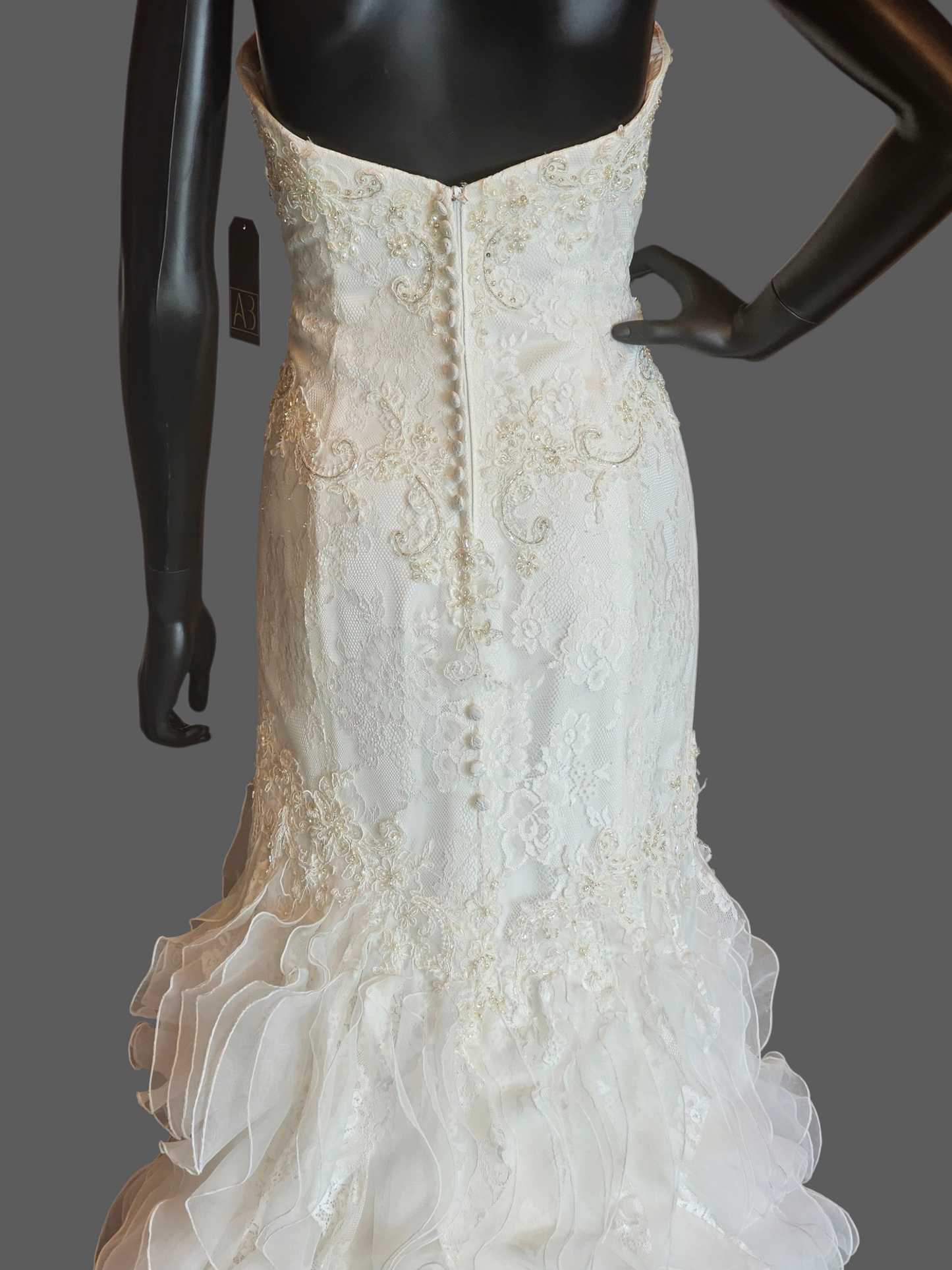Ivory Lace Strapless Sweetheart Fit/Flare Verticle Ruffle Wedding Gown - Casablanca