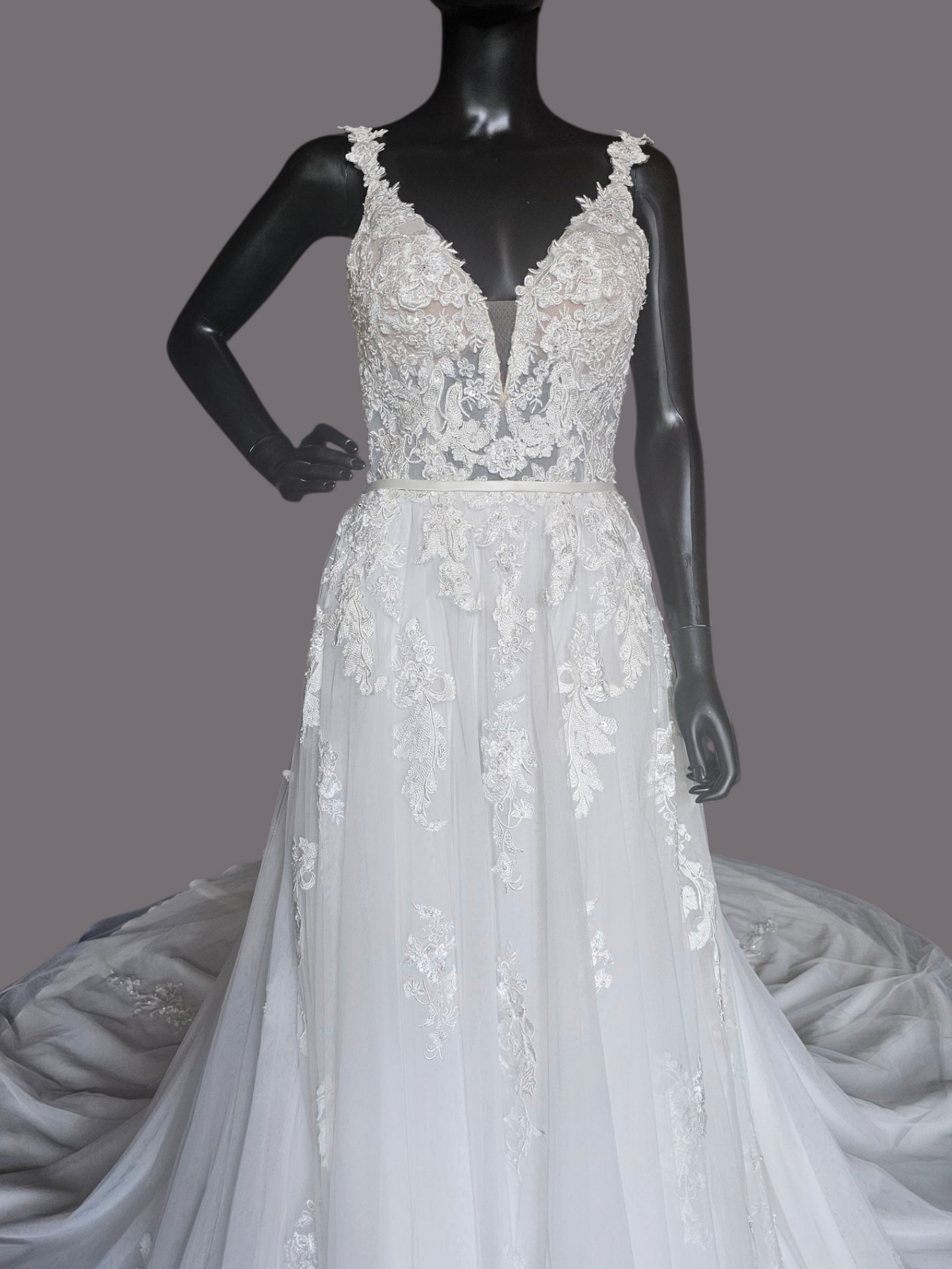 Ivory A-Line Wide Strap V-neck Plunge Wedding Gown - Mori Lee