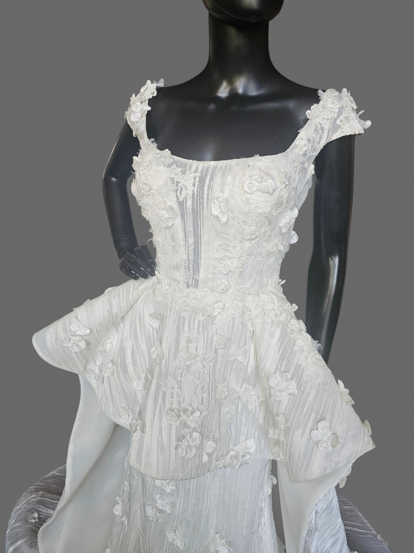 Ivory Structured Wedding Gown 3D Floral Peplum With A Square Neckline And Cap Sleeves - Madison James