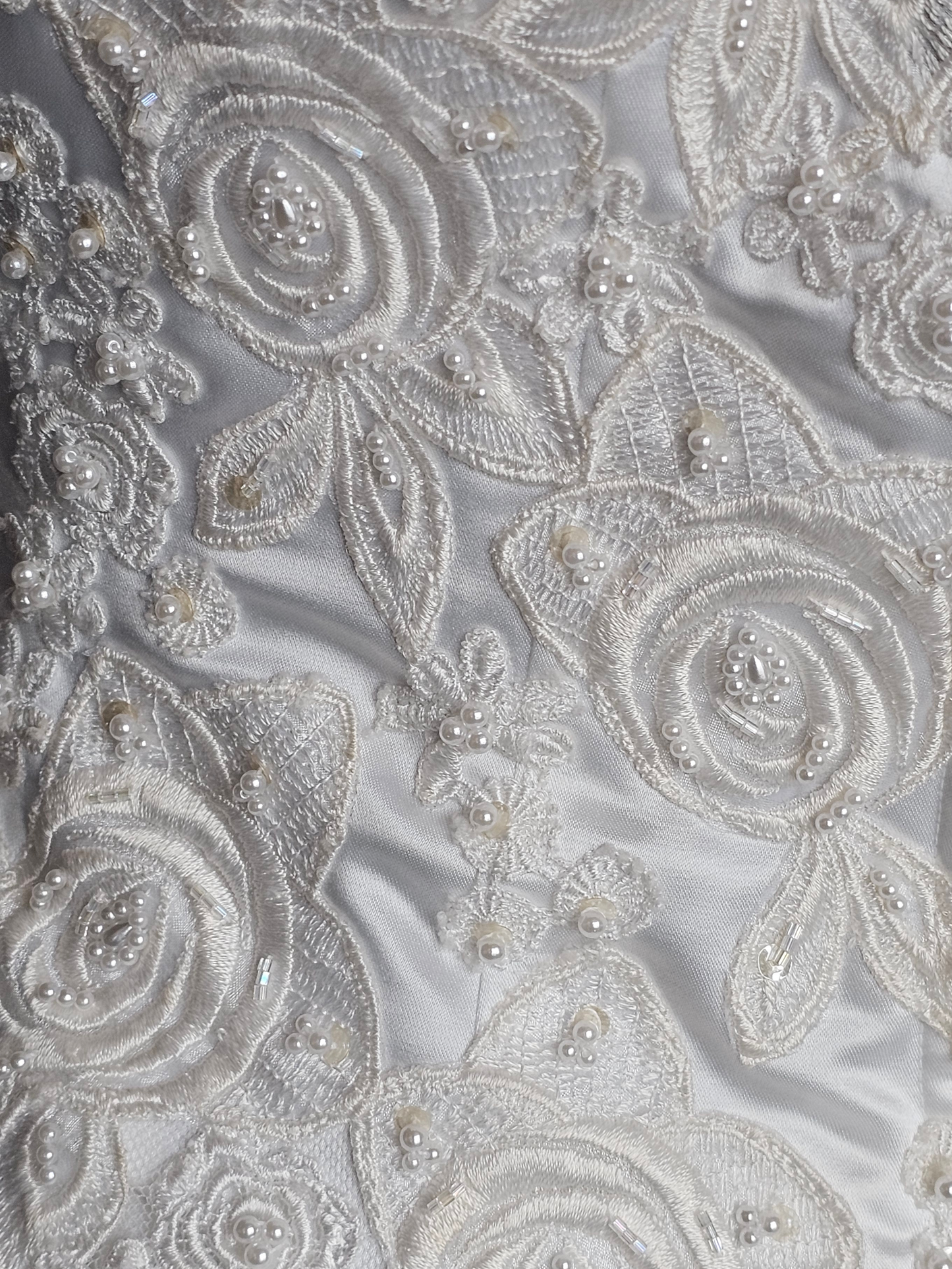 Vintage White Satin Embroidered Cap Sleeve Wedding Gown - Modest