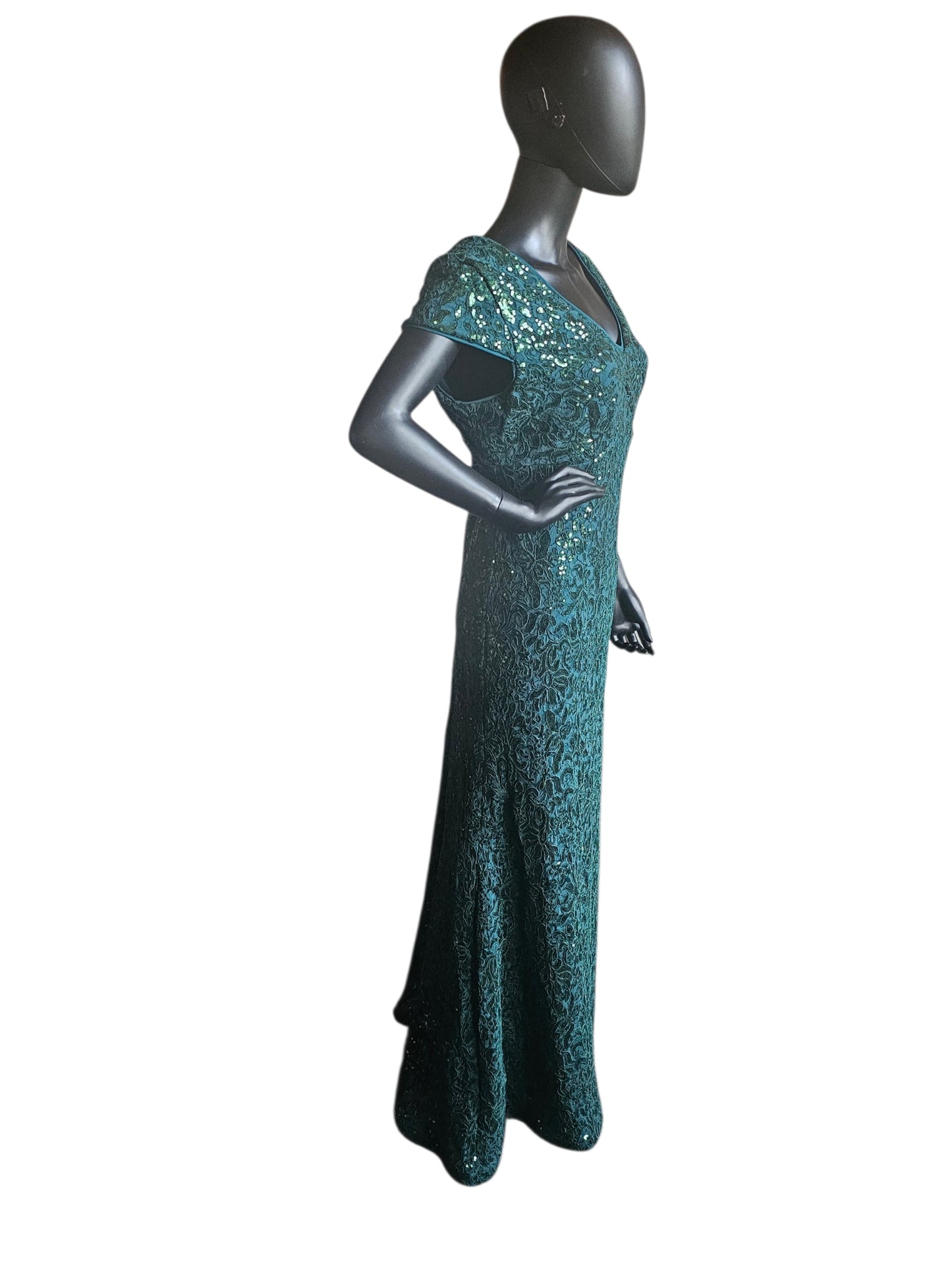Hunter Green Floral Sequin Detail Cap Sleeve Full Length Formal Dress - R & M Richards