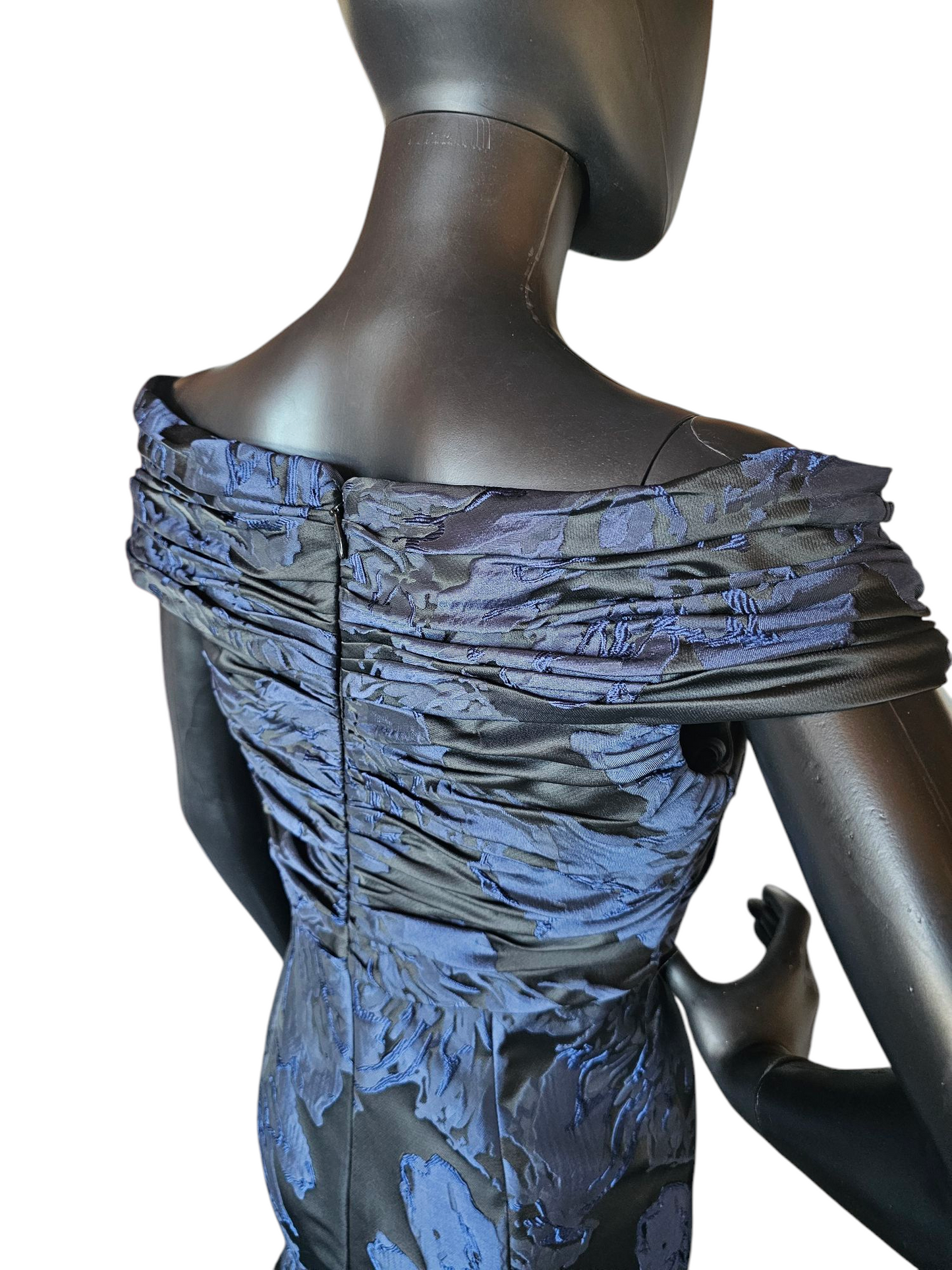 Black/Navy Jacquard Off Shoulder Fit/Flare Formal Gown - Madeline Gardner