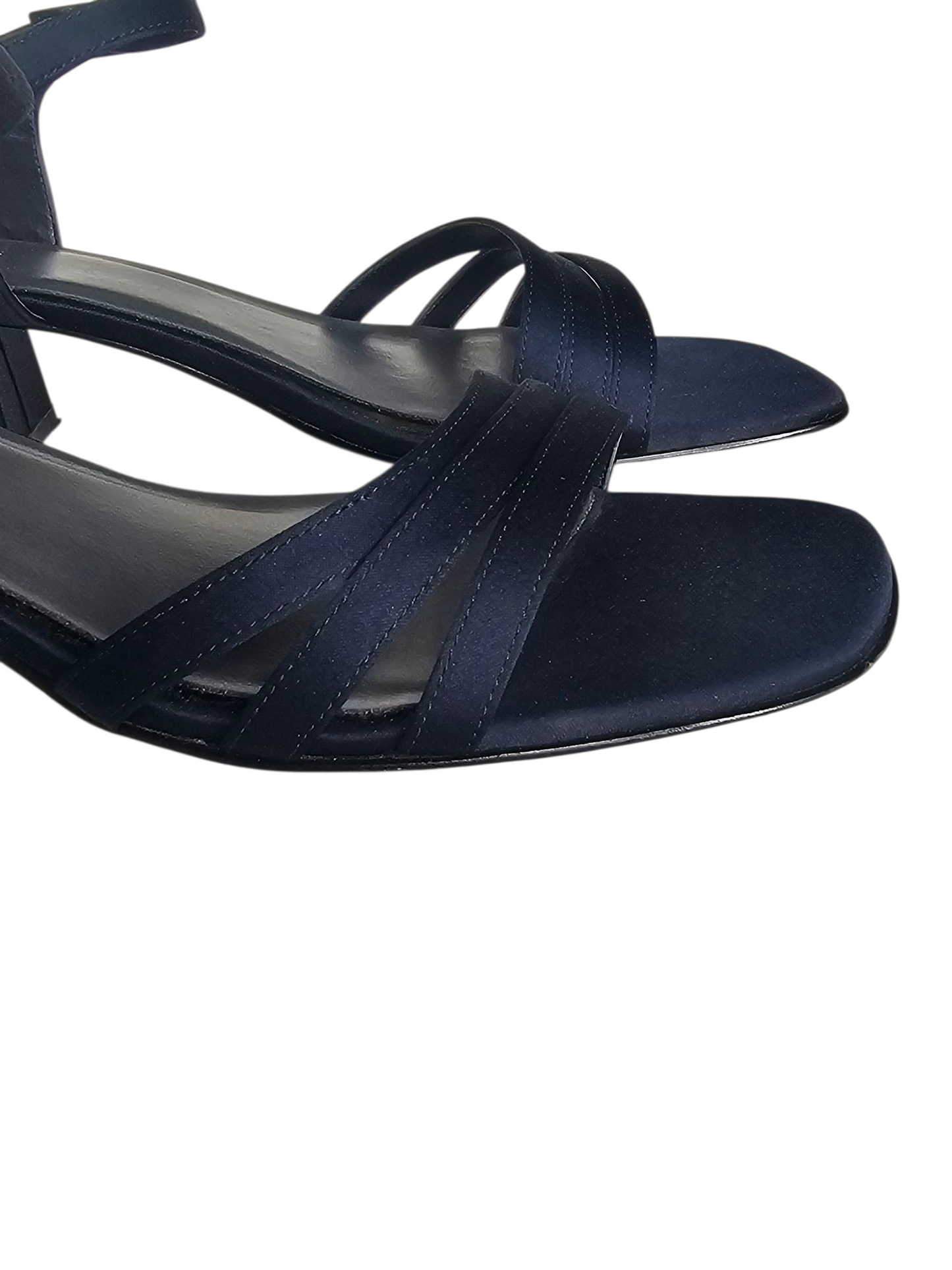 Navy Satin Strappy Sandal Block Heel