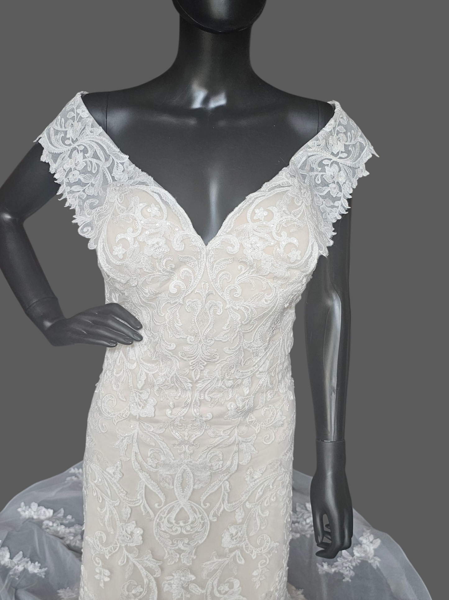 Ivory/Champagne Lace Off Shoulder/Portrait Collar Wedding Gown - Mori Lee