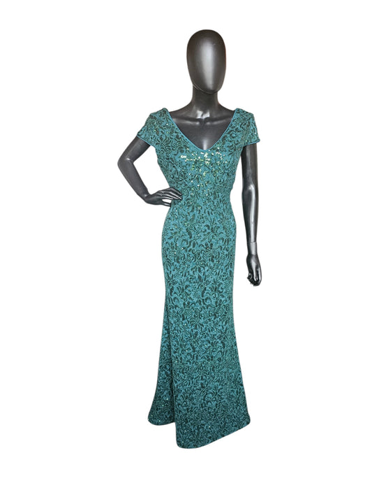 Hunter Green Floral Sequin Detail Cap Sleeve Full Length Formal Dress - R & M Richards