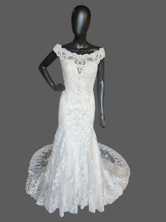 Ivory/Champagne Off Shoulder Fit and Flare Sparkle Illusion Wedding Gown