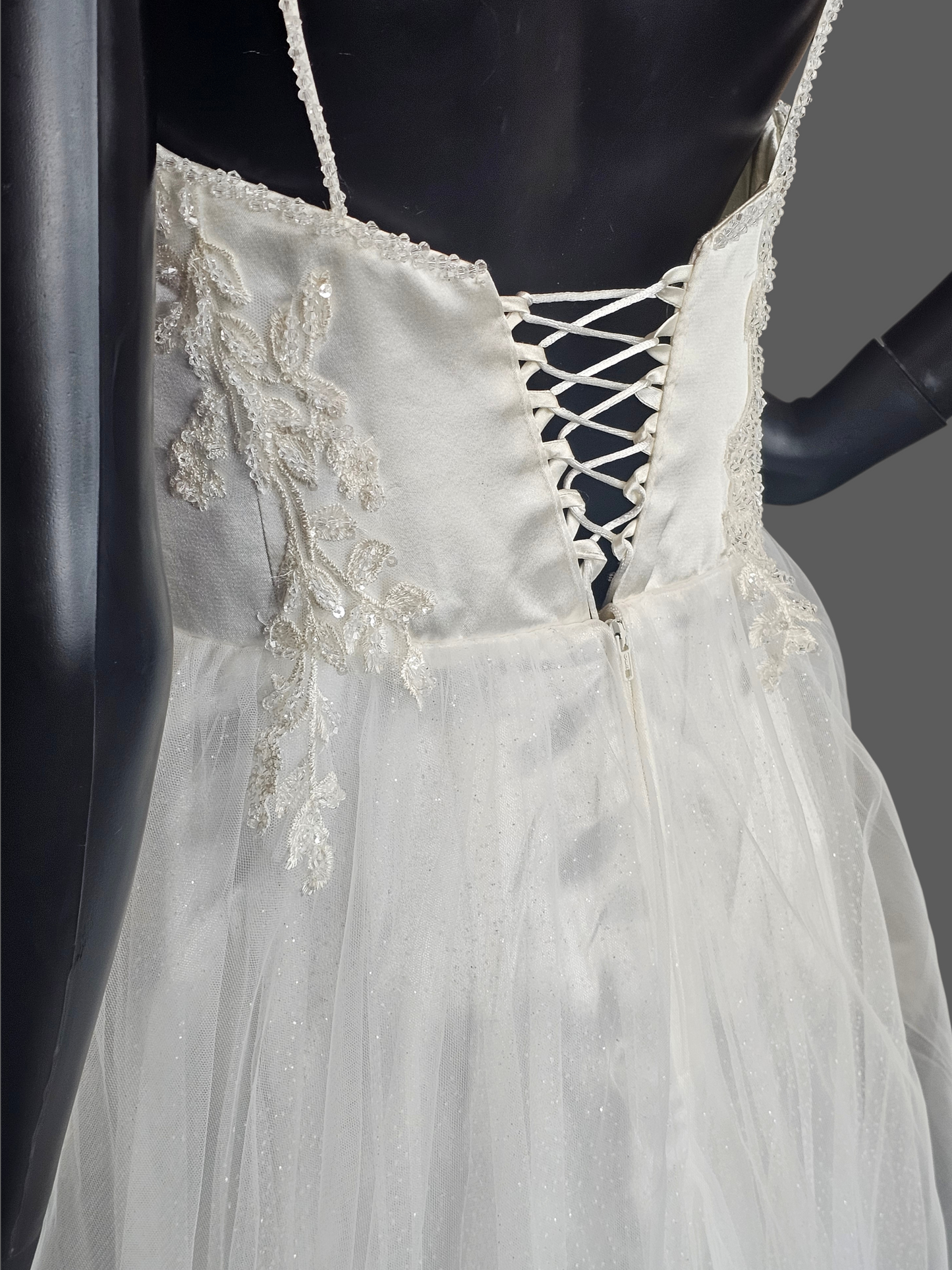 Spaghetti Strap Ivory Floral Embroidered Side Slit Wedd8ng Gown - Di La Sena