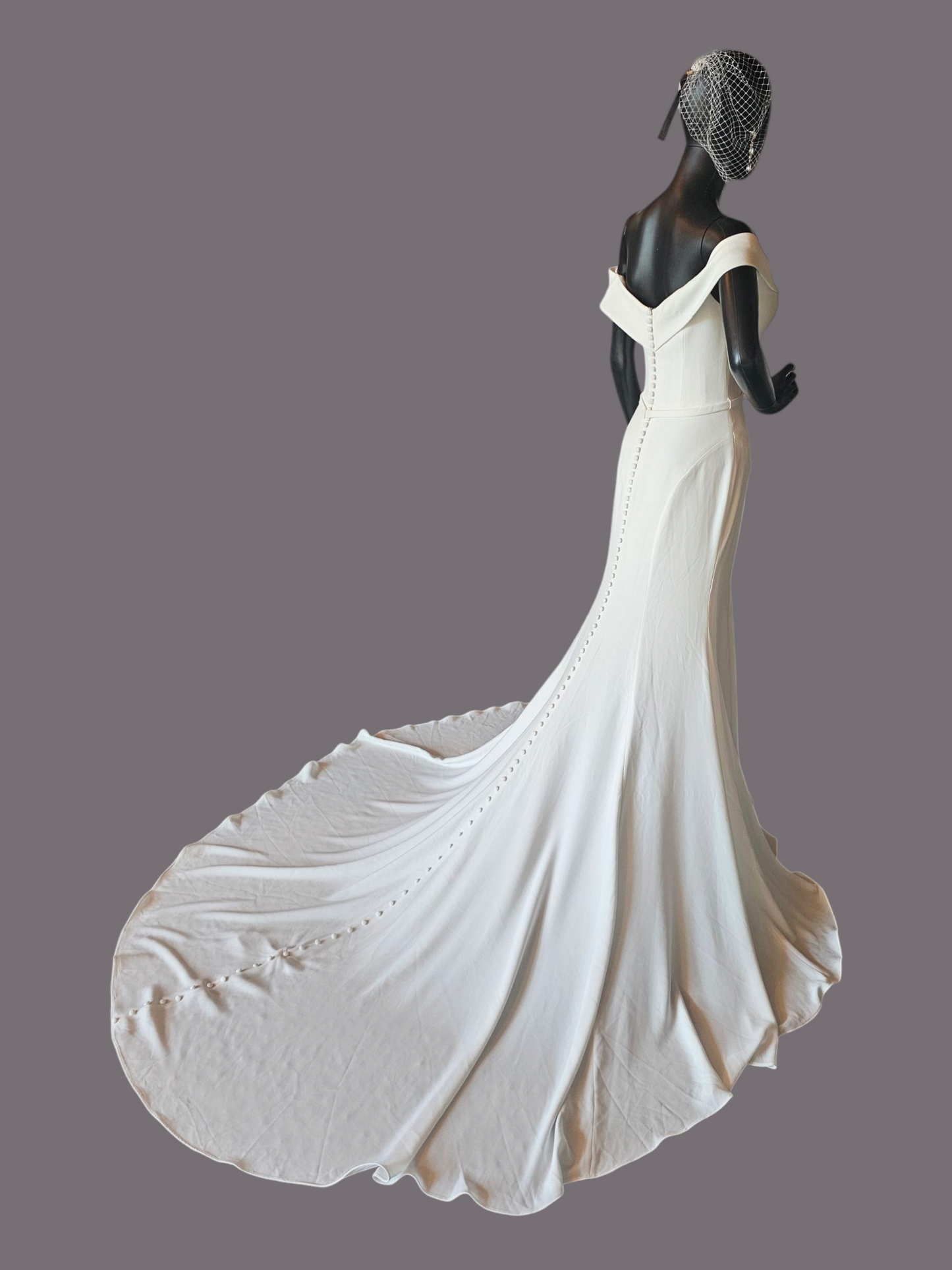 Ivory Off Shoulder Fitted Crepe Wedding Gown
