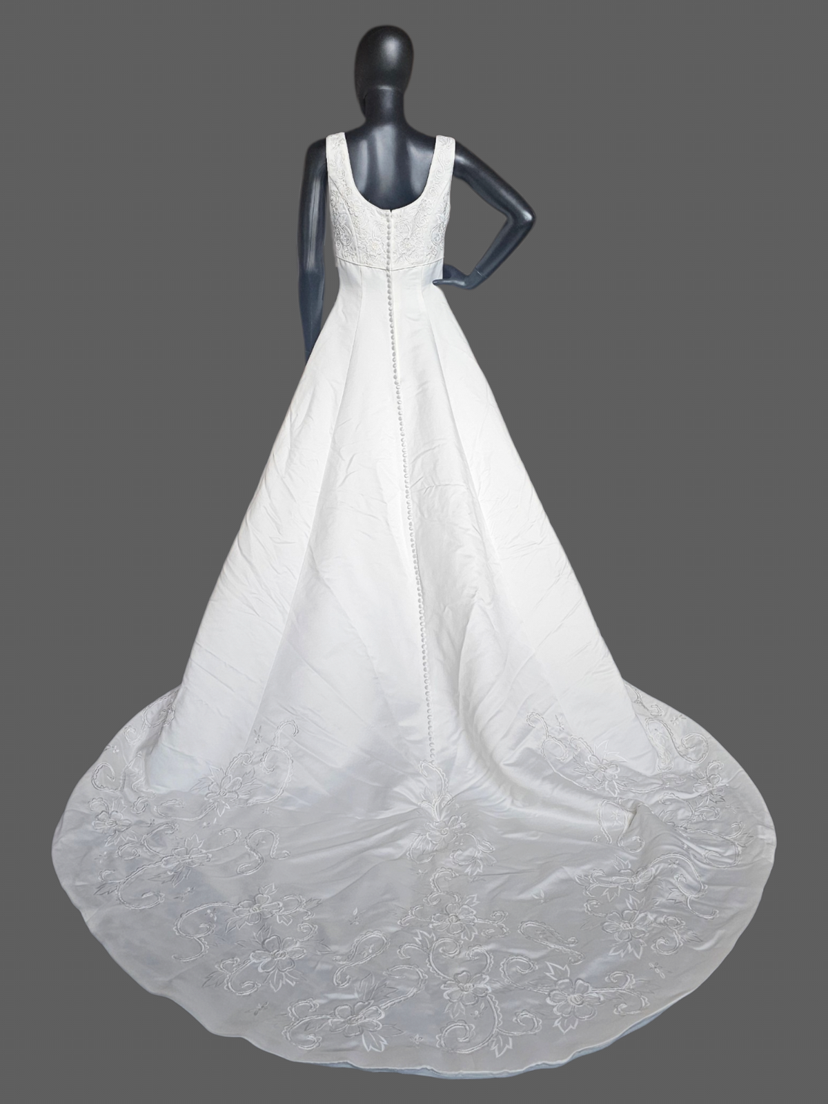 Vintage Ivory Satin Embroidered Scoop Neck Wedding Gown - Gloria Vanderbuilt